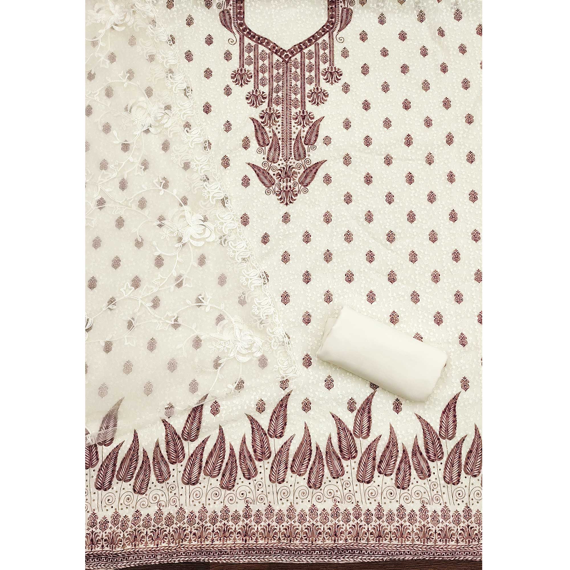 White &  Wine Schiffli Embroidered Georgette Dress Material With Floral Digital Print