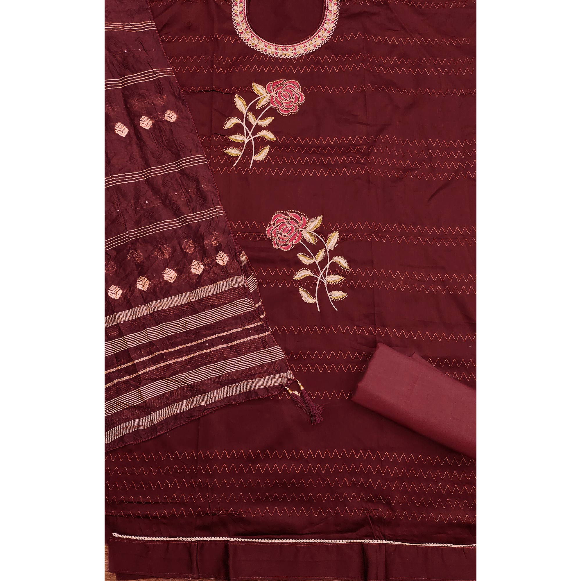 Maroon Cotton Blend Dress Material Adorned With Swarovski Accents and Floral Threadwork
