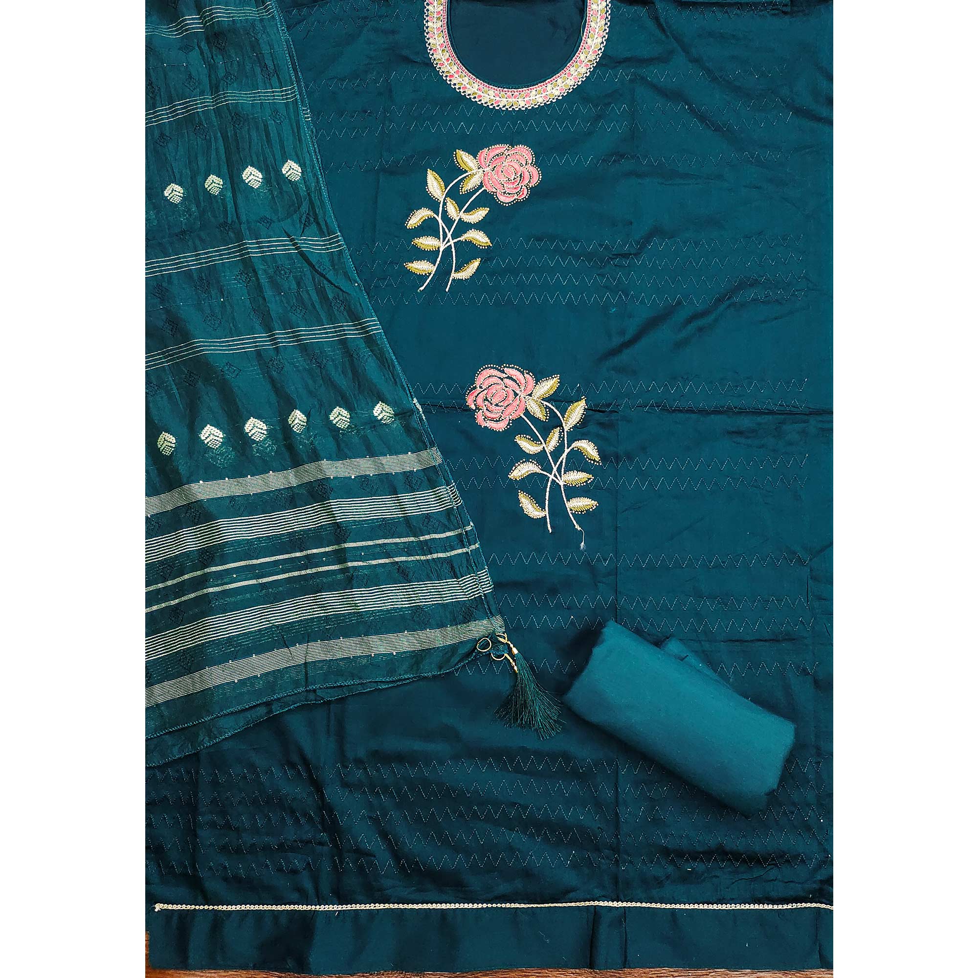 Teal Cotton Blend Dress Material Adorned With Swarovski Accents and Floral Threadwork