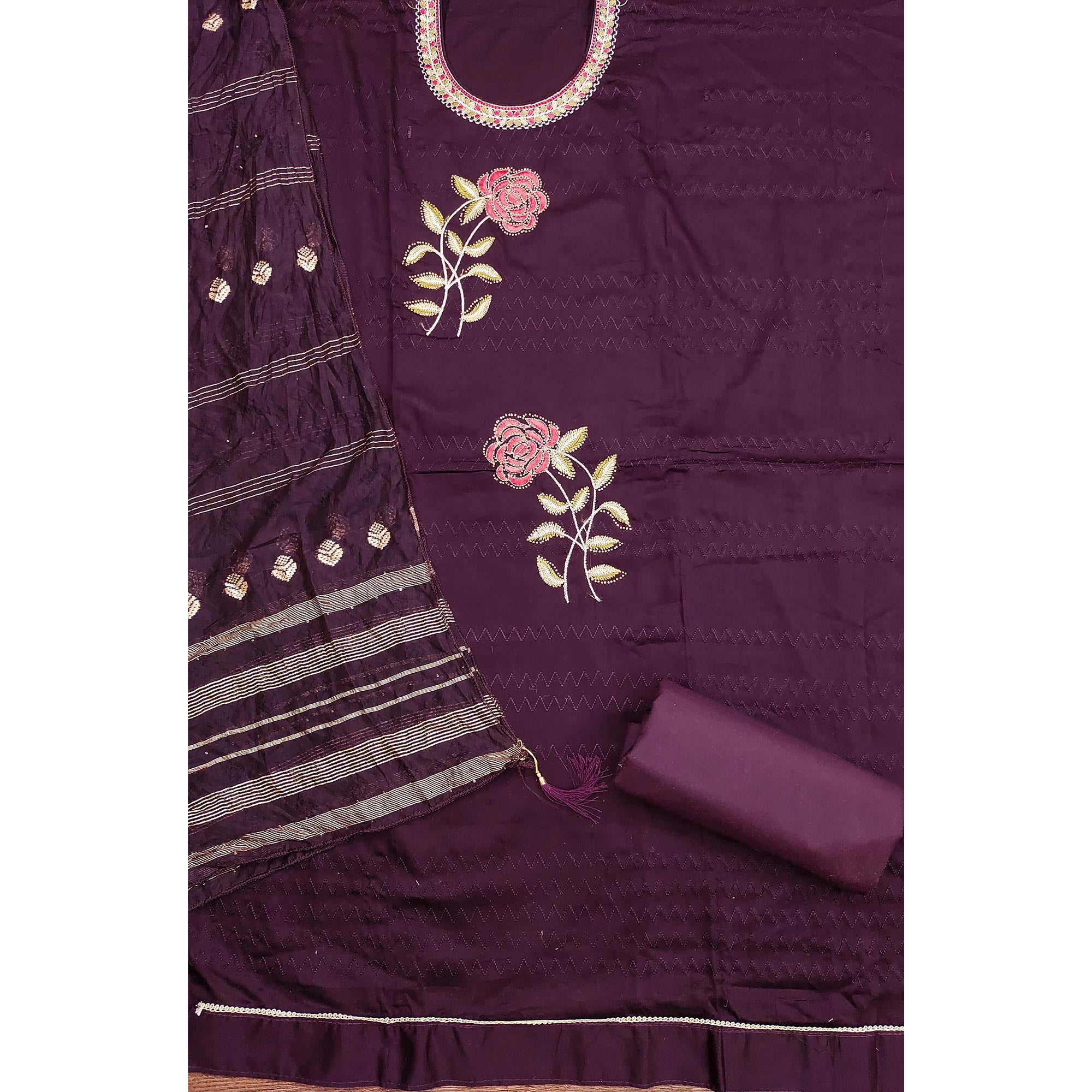 Wine Cotton Blend Dress Material Adorned With Swarovski Accents and Floral Threadwork