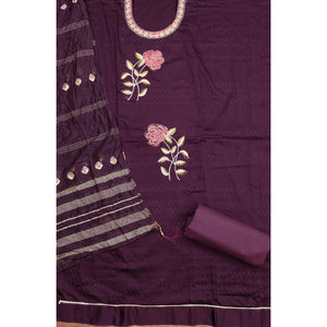 Wine Cotton Blend Dress Material Adorned With Swarovski Accents and Floral Threadwork