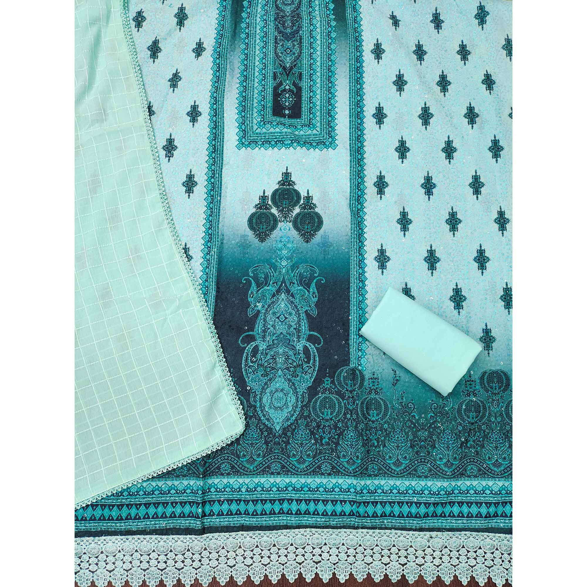 Blue Cotton Blend Dress Material With Elegant Schiffli Work & Artistic Digital Print