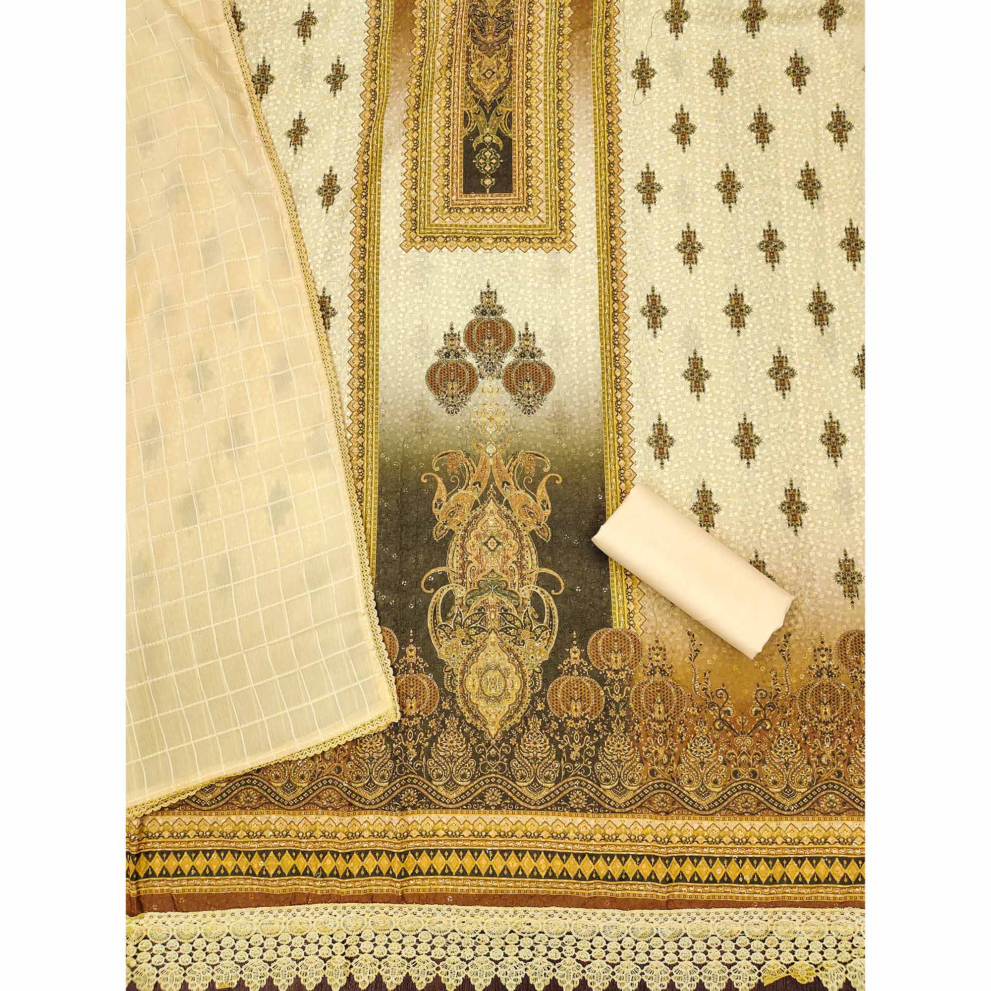 Yellow Cotton Blend Dress Material With Elegant Schiffli Work & Artistic Digital Print