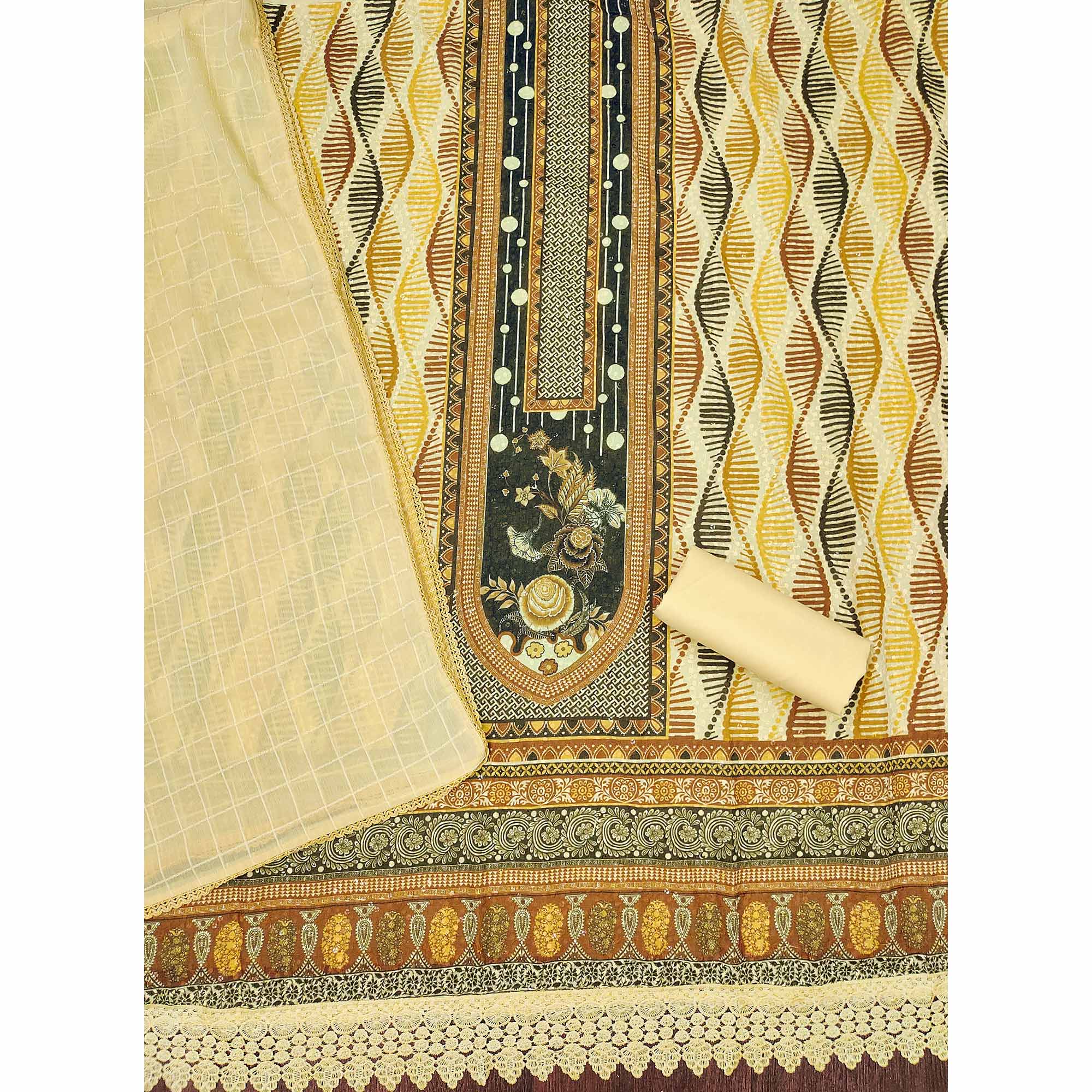 Yellow Cotton Blend Dress Material With Schiffli Embroidery & Floral Digital Print