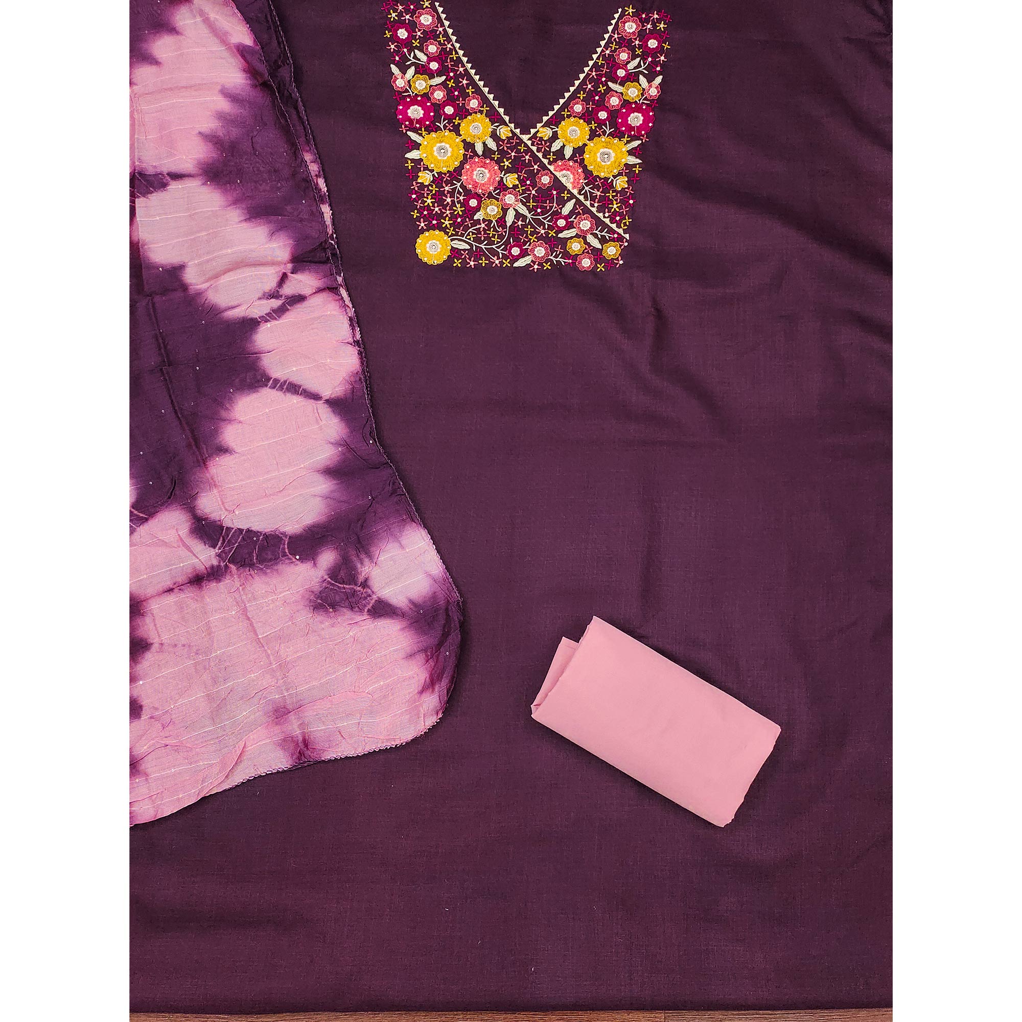 Wine Cotton Blend Dress Material With Floral Thread Embroidery