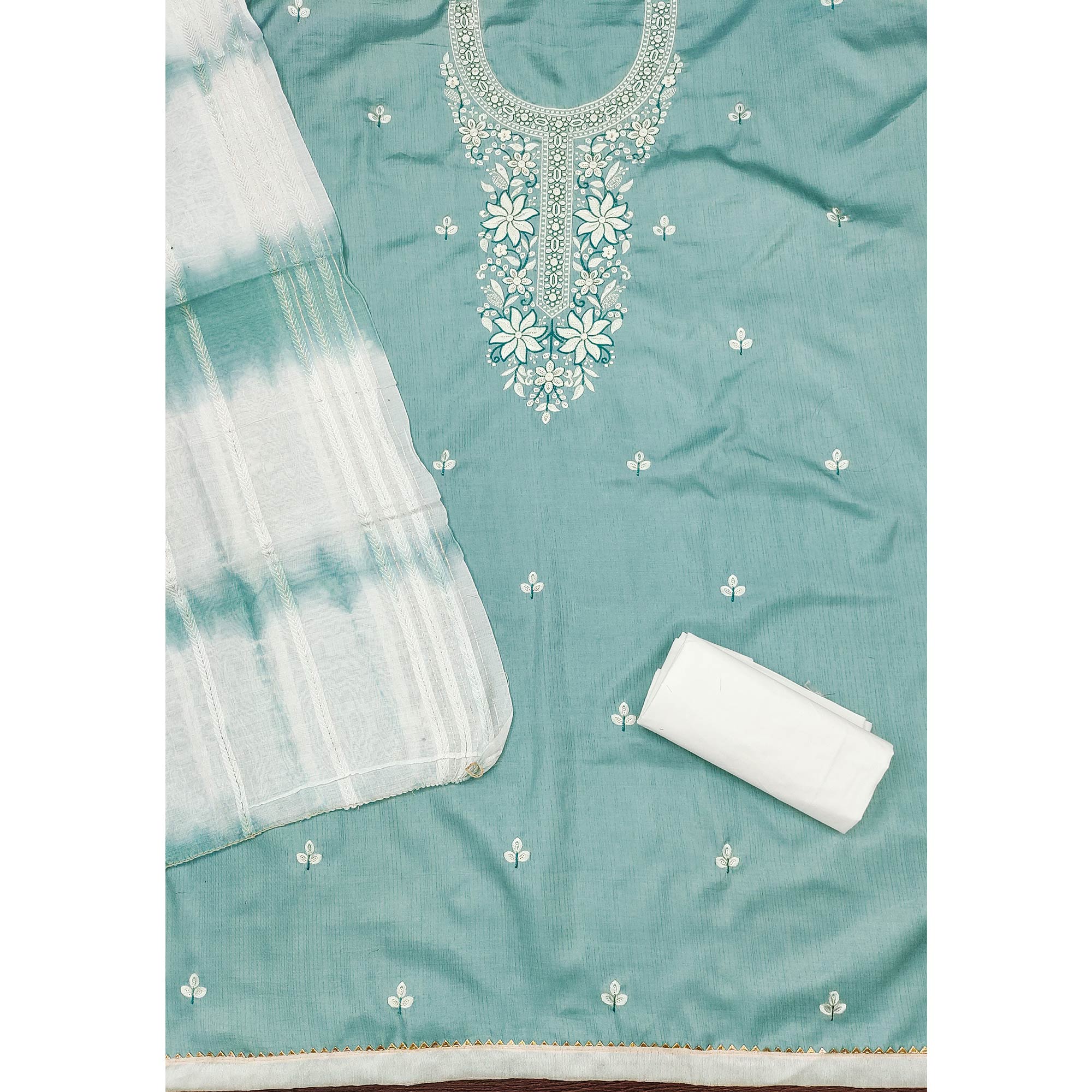 Blue Floral Sequins Embroidered Cotton Silk Dress Material