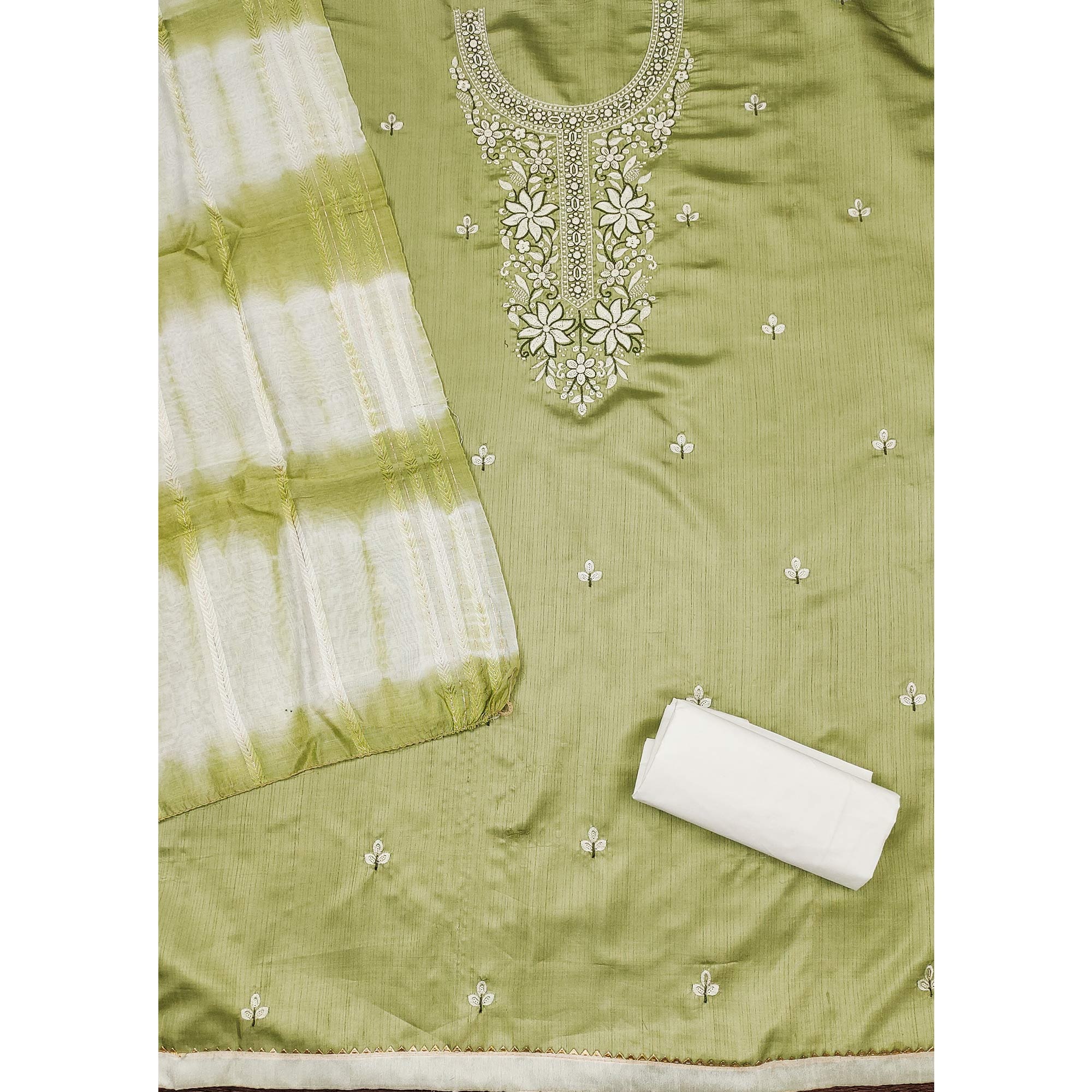 Green Floral Sequins Embroidered Cotton Silk Dress Material