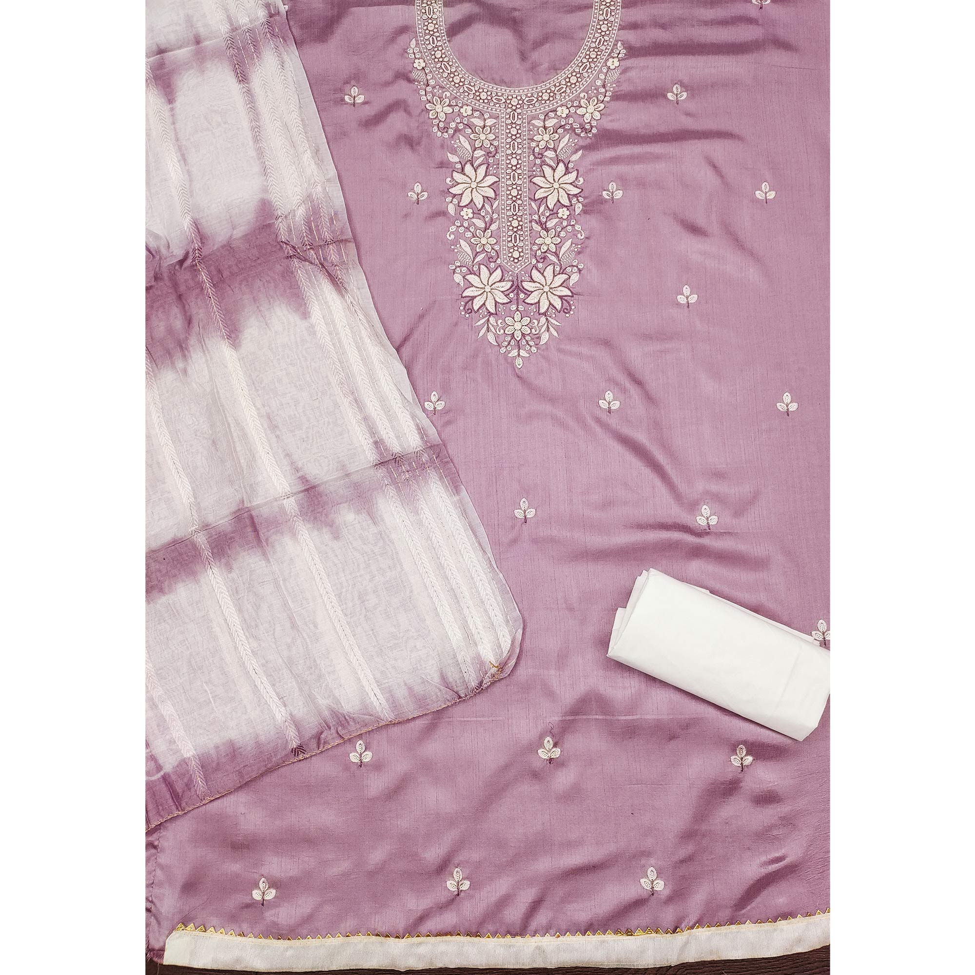 Onion Pink Floral Sequins Embroidered Cotton Silk Dress Material