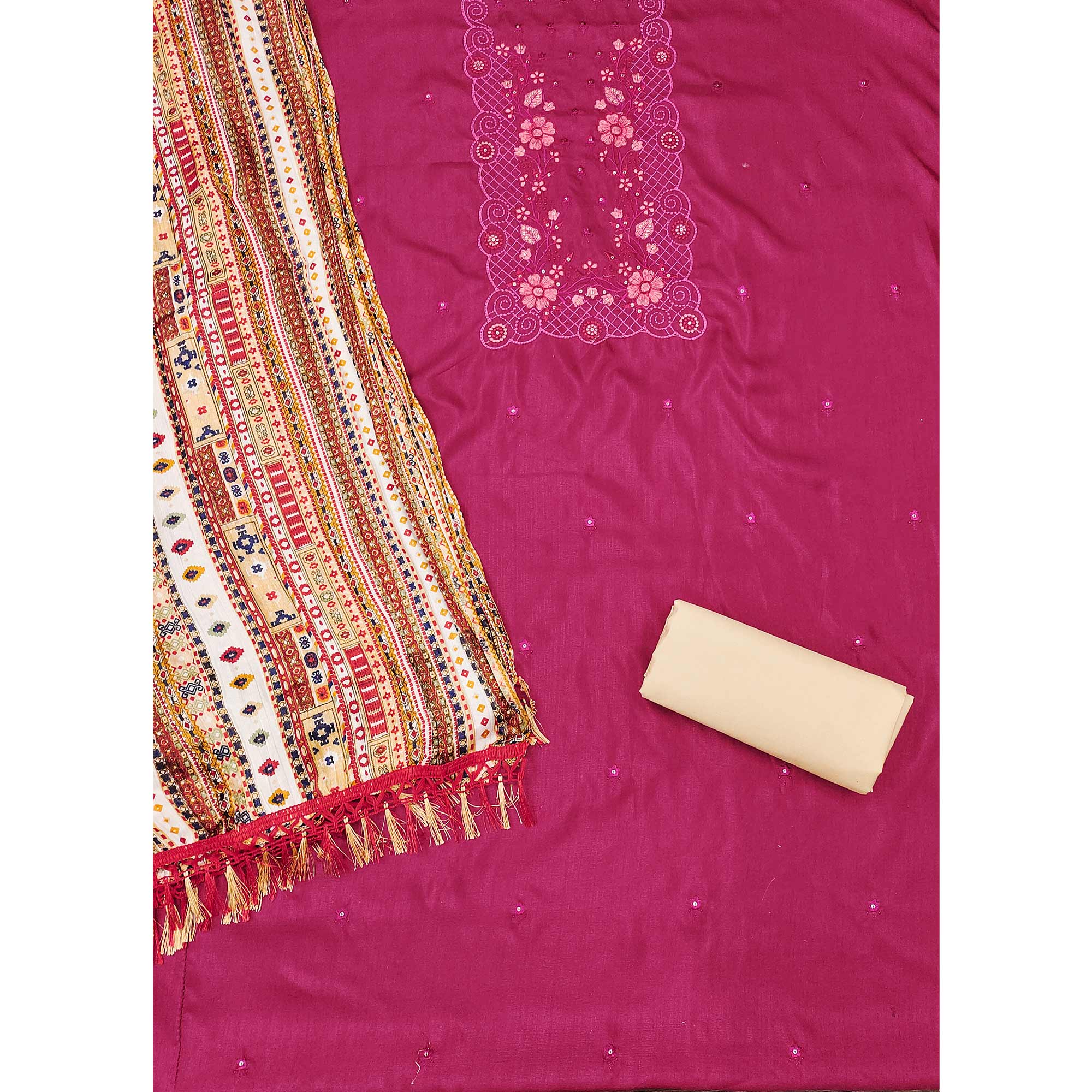 Pink Floral Sequins Embroidered Cotton Silk Dress Material