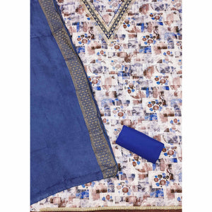Blue Digital Printed Cotton Blend Dress Material With Intricate Neck Embroidery