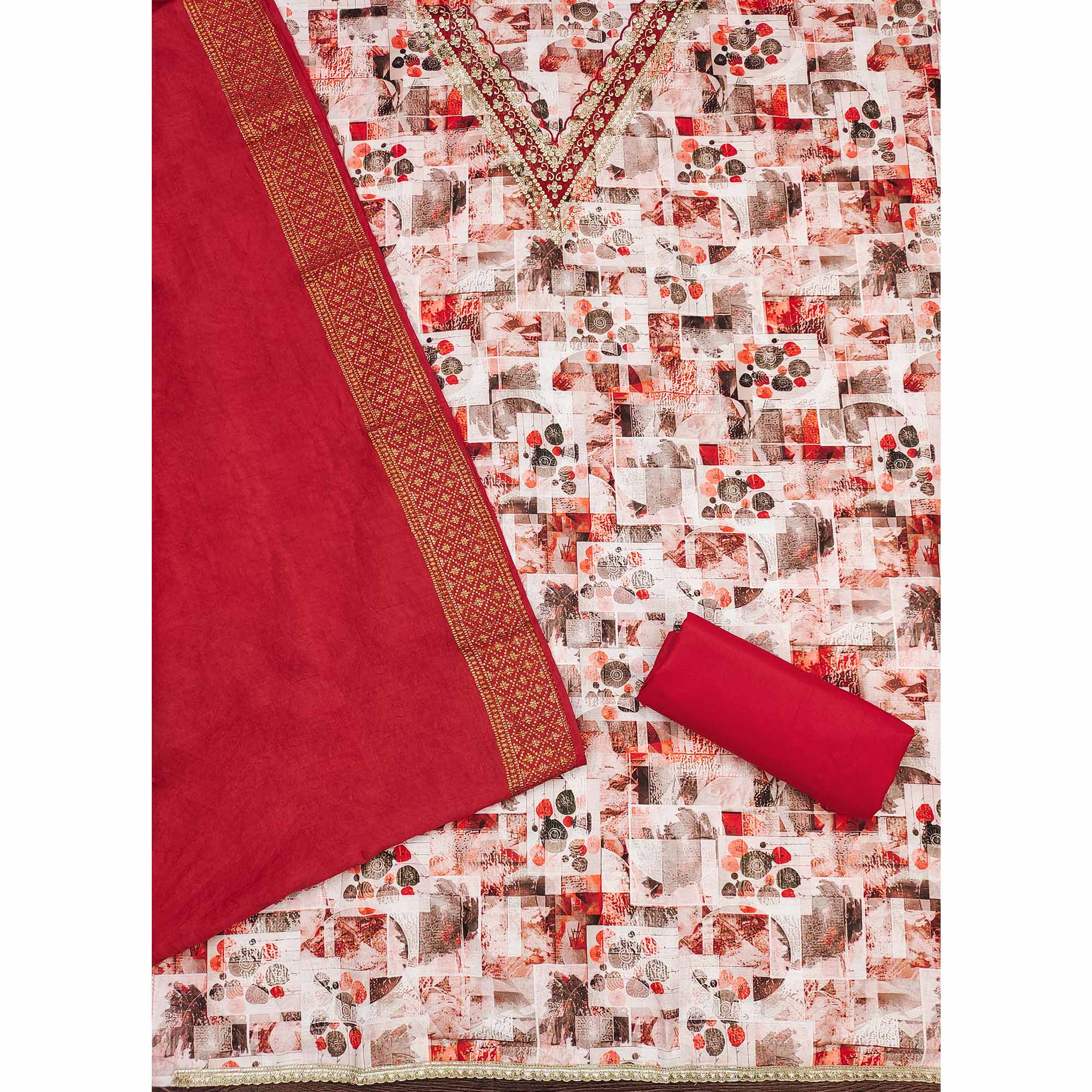 Red Digital Printed Cotton Blend Dress Material With Intricate Neck Embroidery