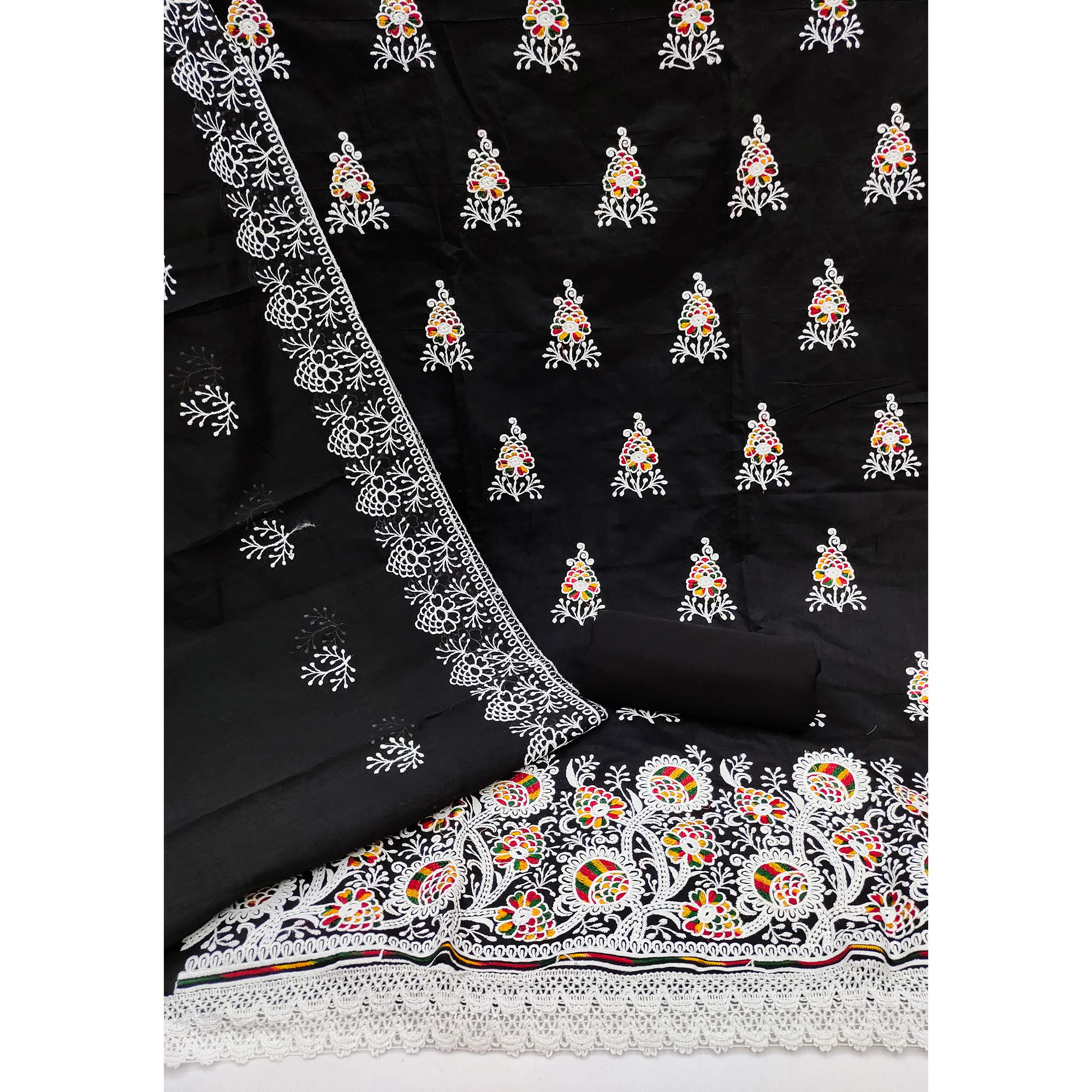 Black Floral Embroidered Chanderi Cotton Dress Material