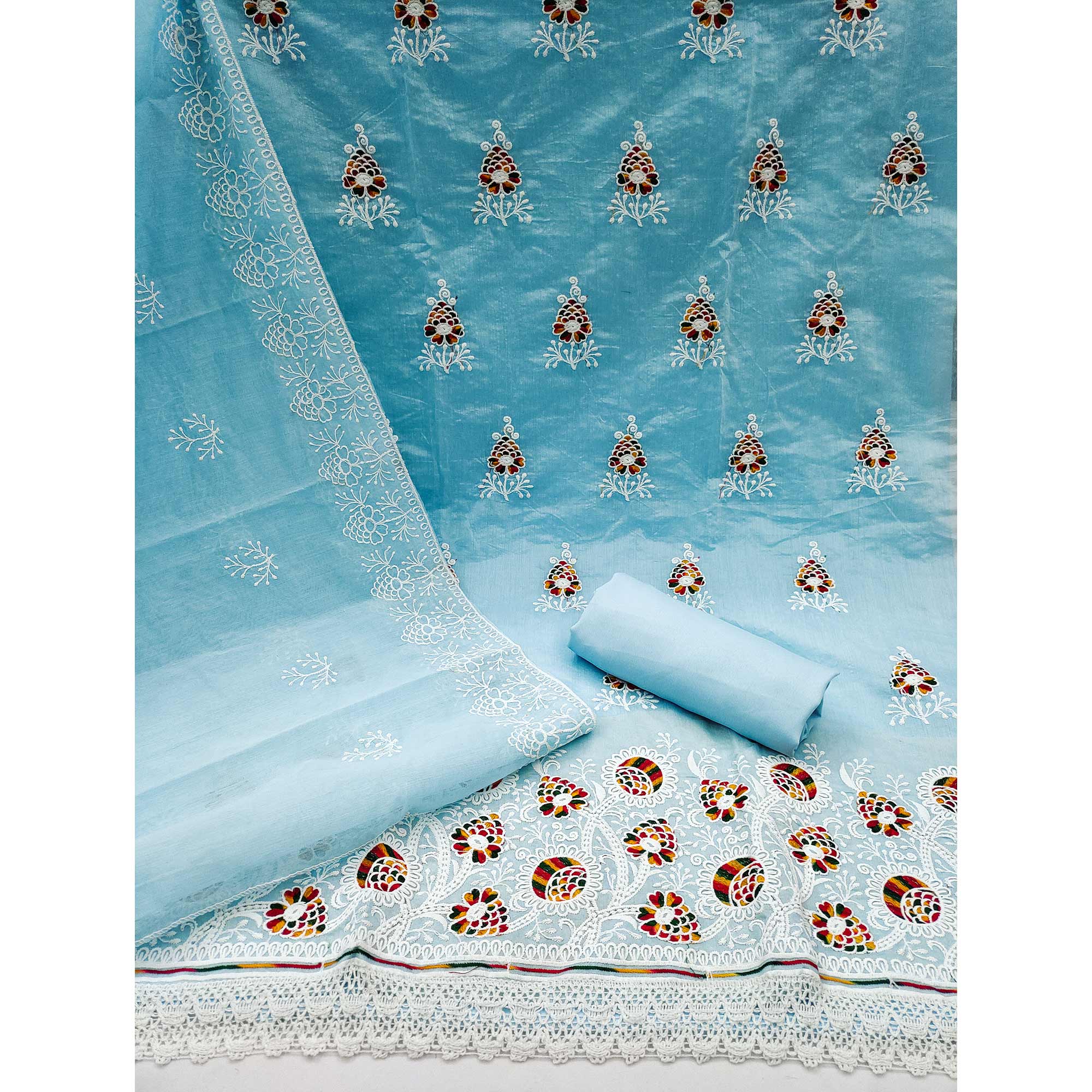 Blue Floral Embroidered Chanderi Cotton Dress Material