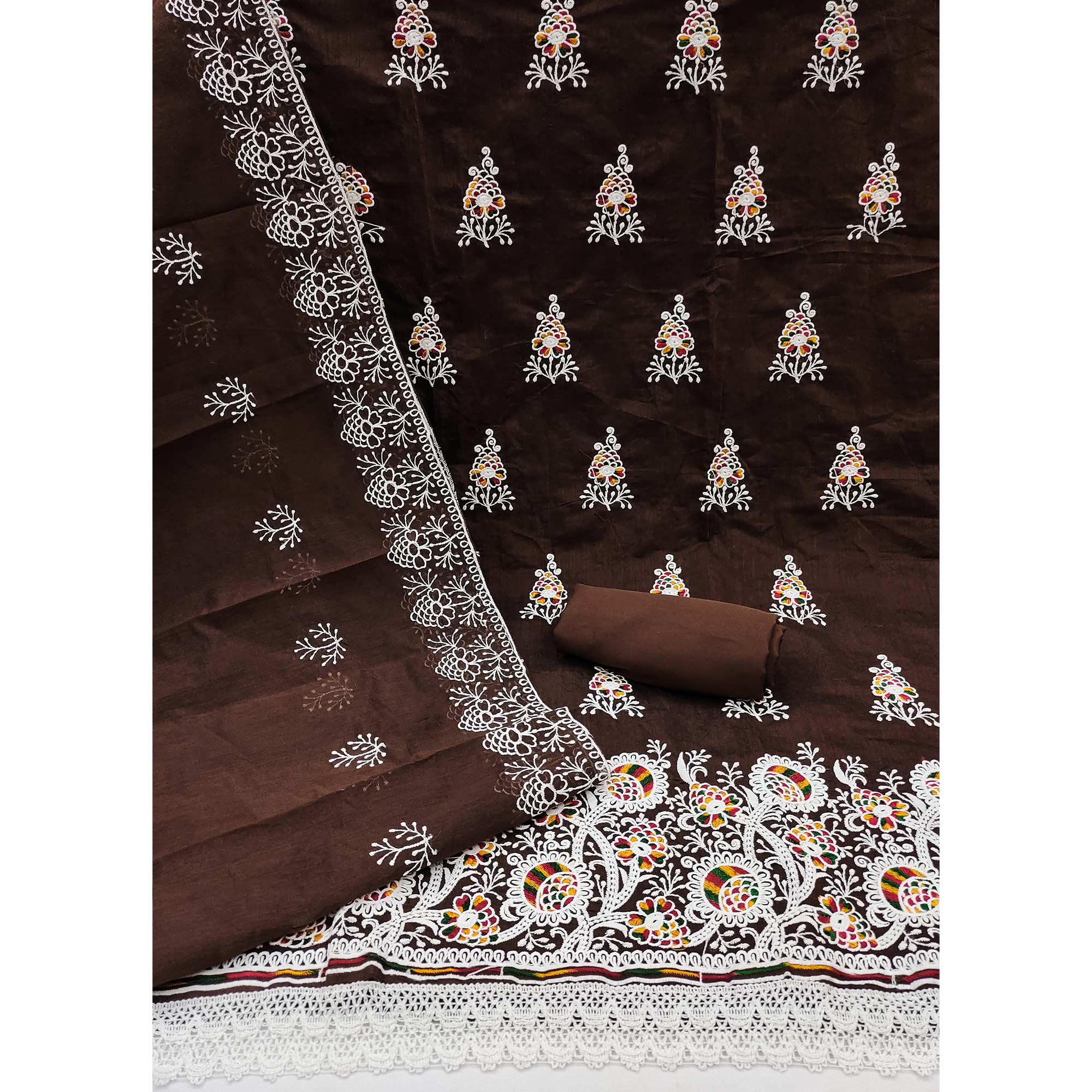 Brown Floral Embroidered Chanderi Cotton Dress Material