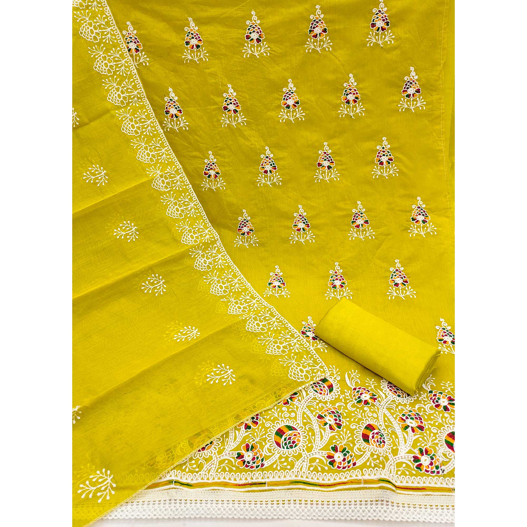 Green Chanderi Cotton Dress Material with Elegant Floral Thread Embroidery