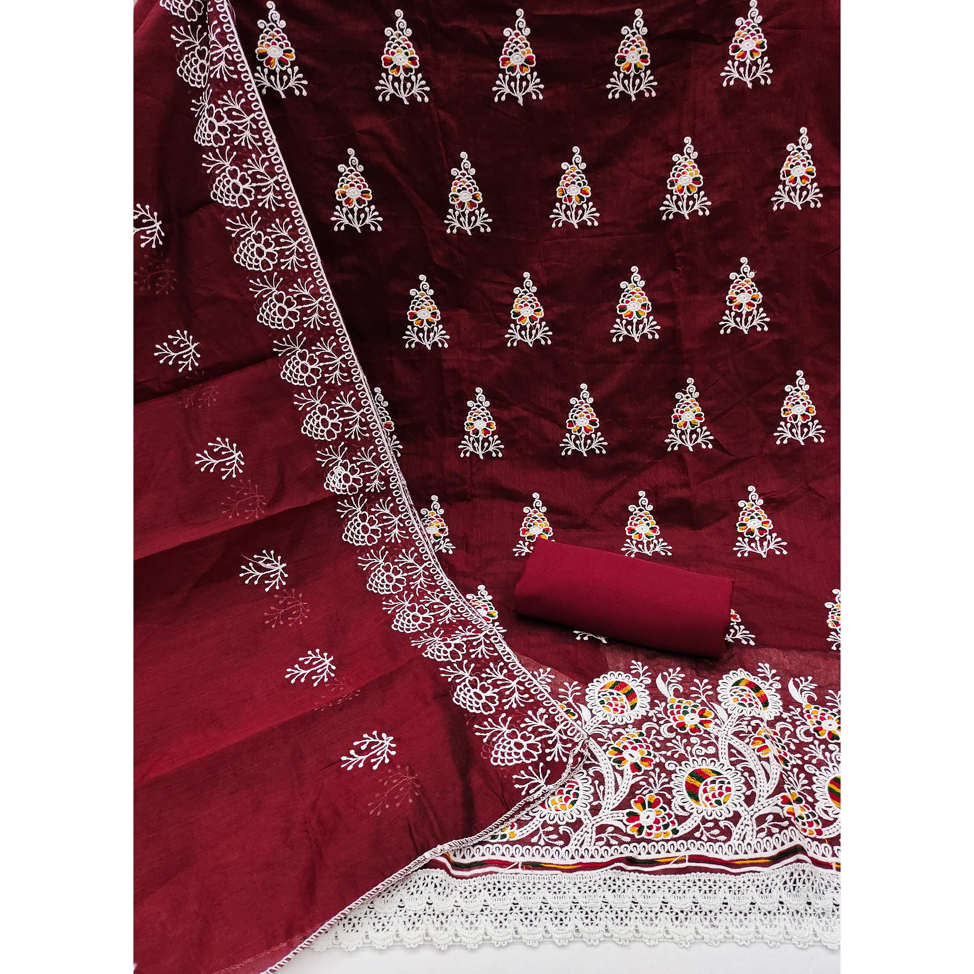 Maroon Floral Embroidered Chanderi Cotton Dress Material