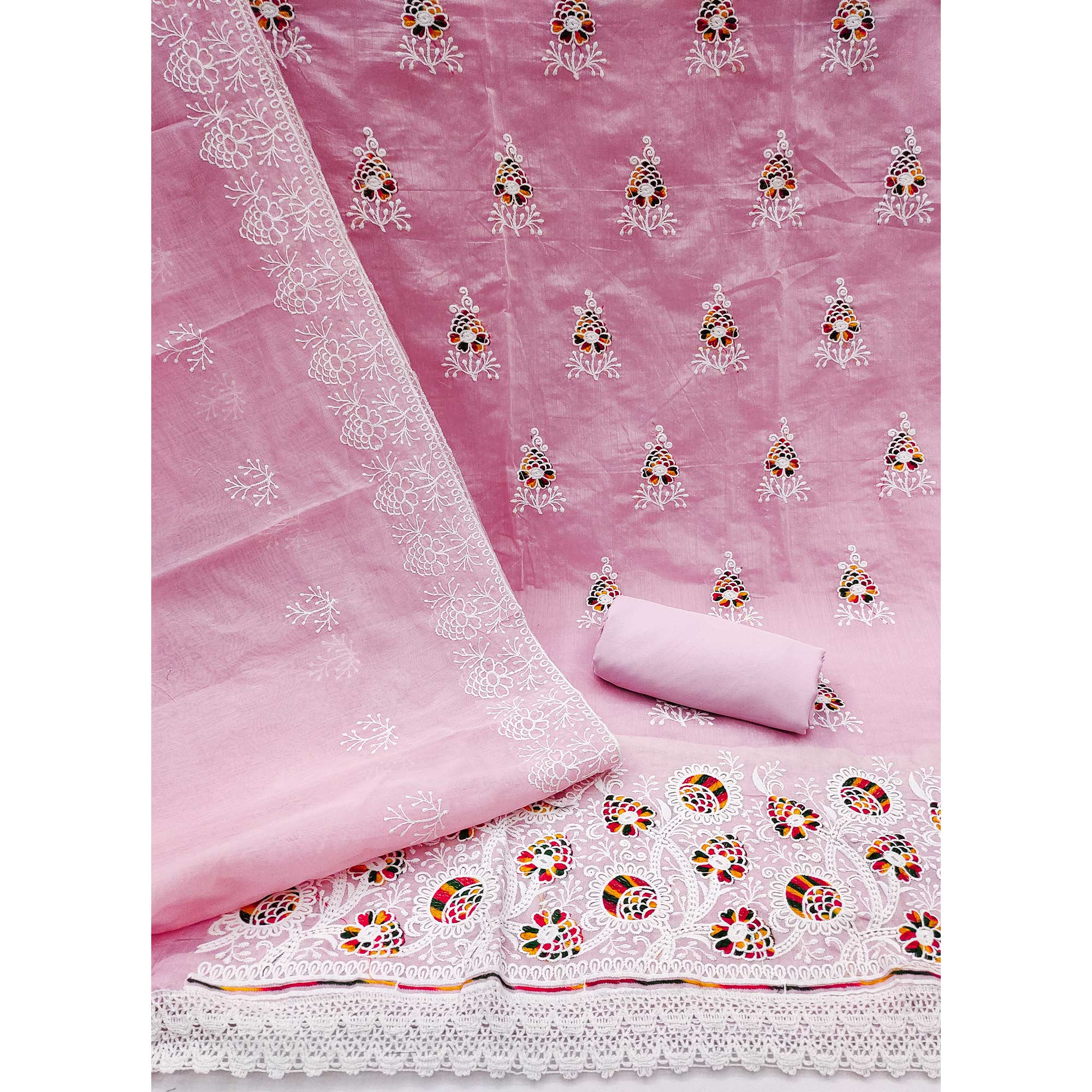 Pink Floral Embroidered Chanderi Cotton Dress Material