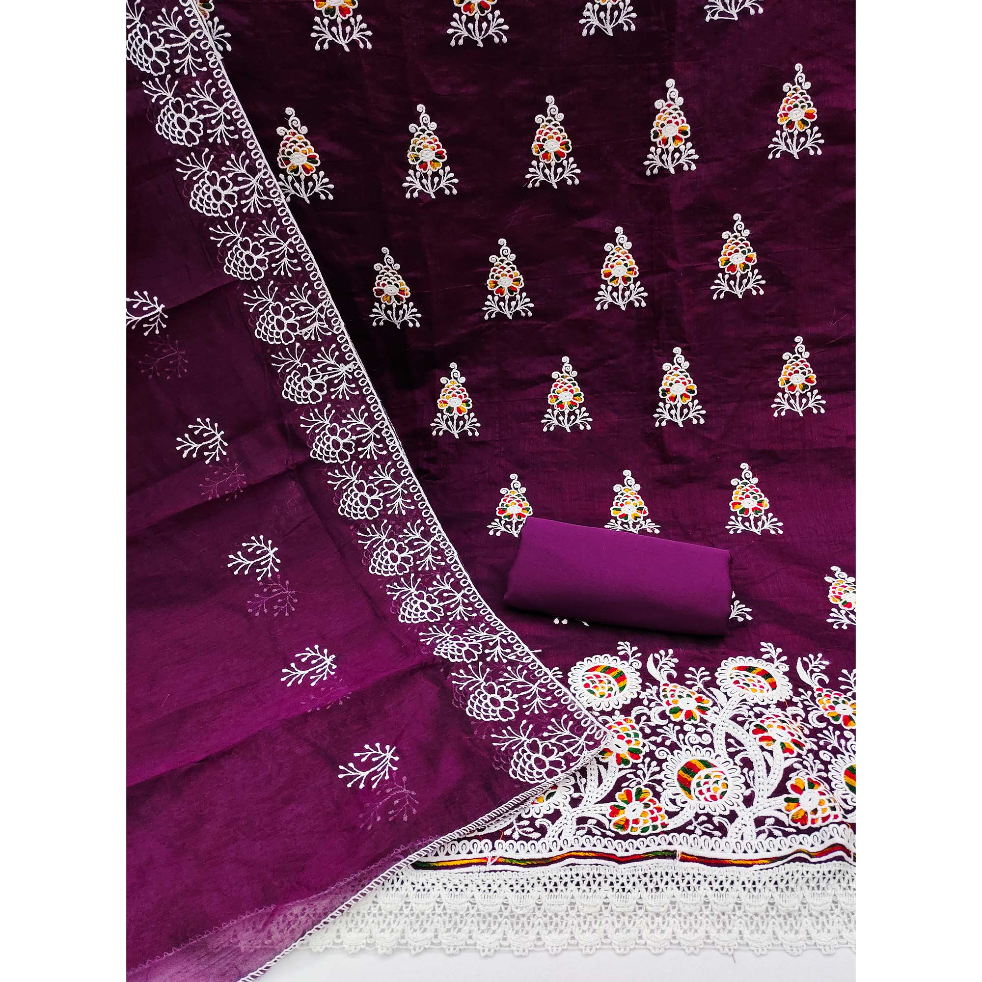 Wine Floral Embroidered Chanderi Cotton Dress Material