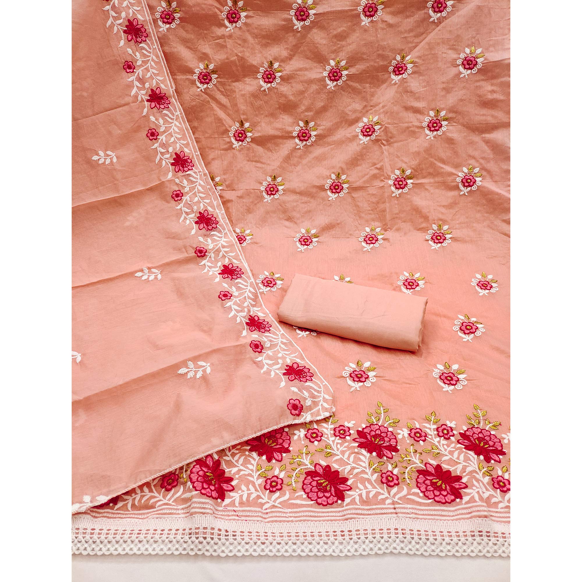 Peach Floral Embroidered Chanderi Cotton Dress Material