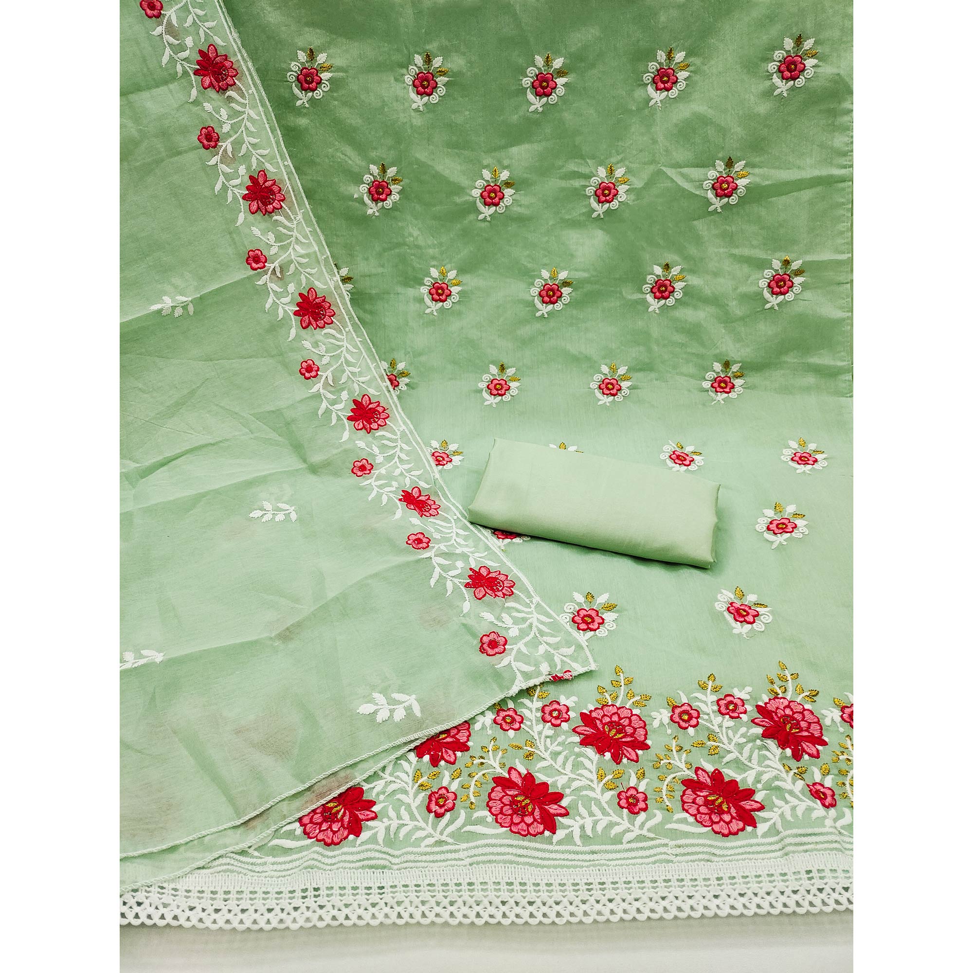 Pista Green Floral Embroidered Chanderi Cotton Dress Material
