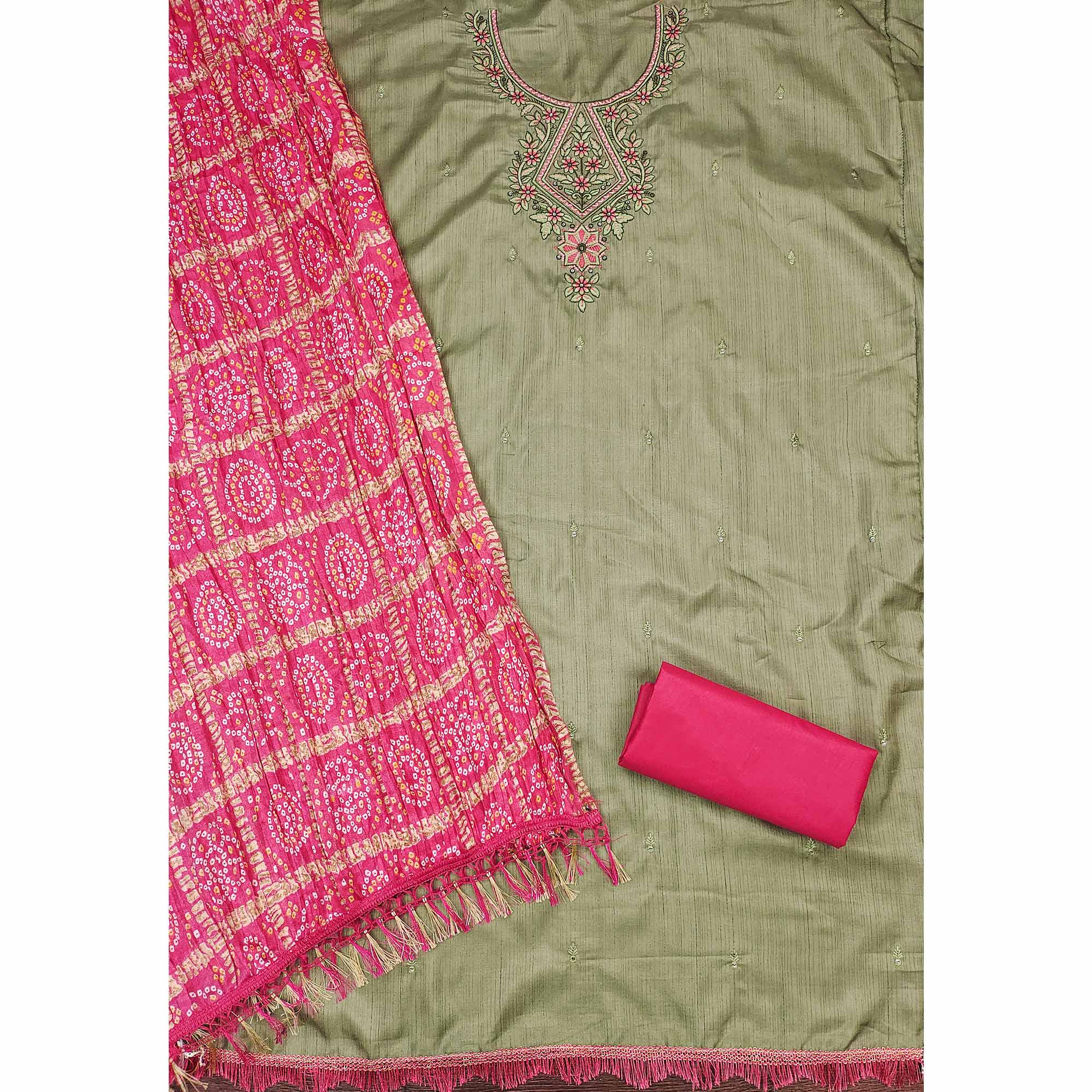 Green Floral Sequins Embroidered Cotton Silk Dress Material