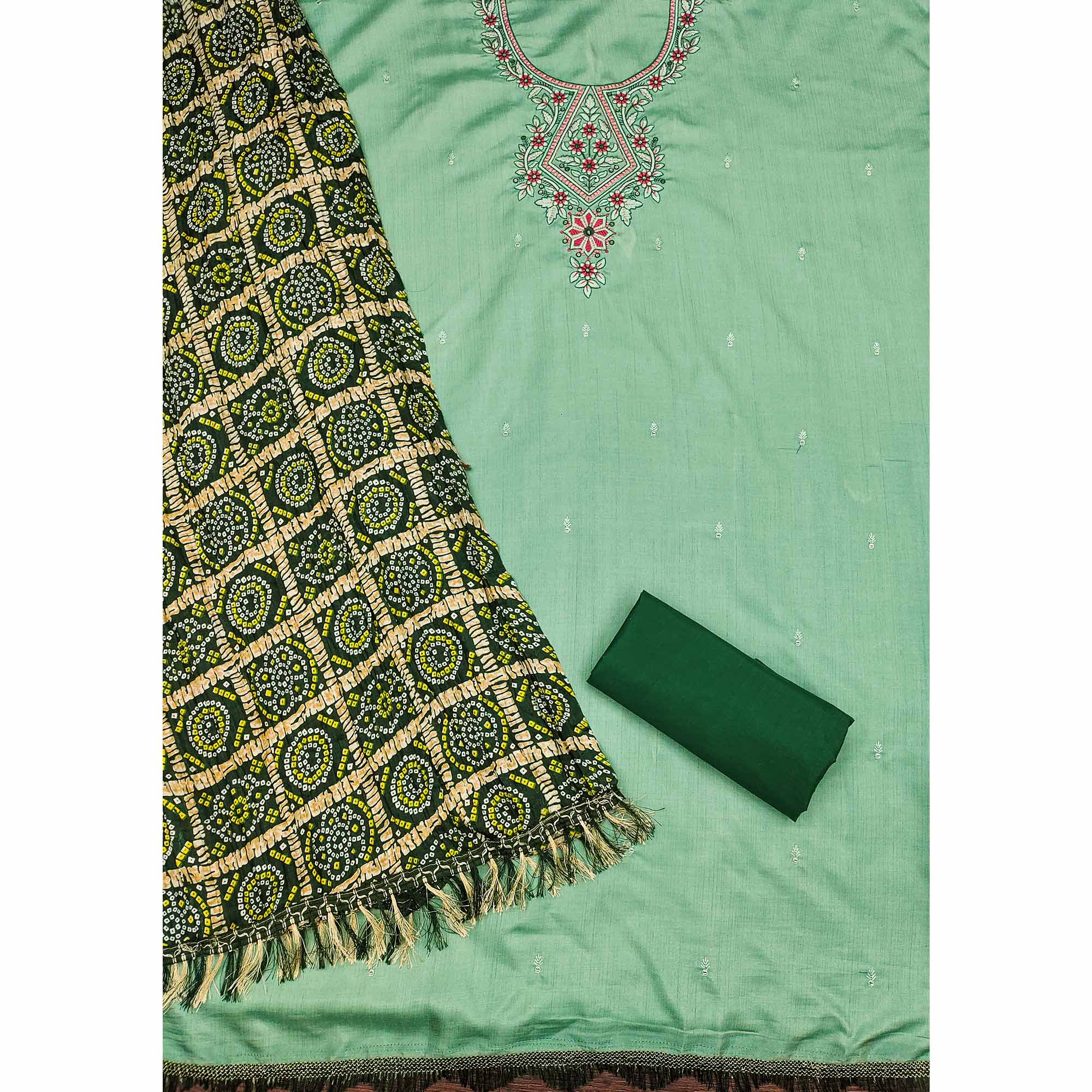 Sea Green Floral Sequins Embroidered Cotton Silk Dress Material