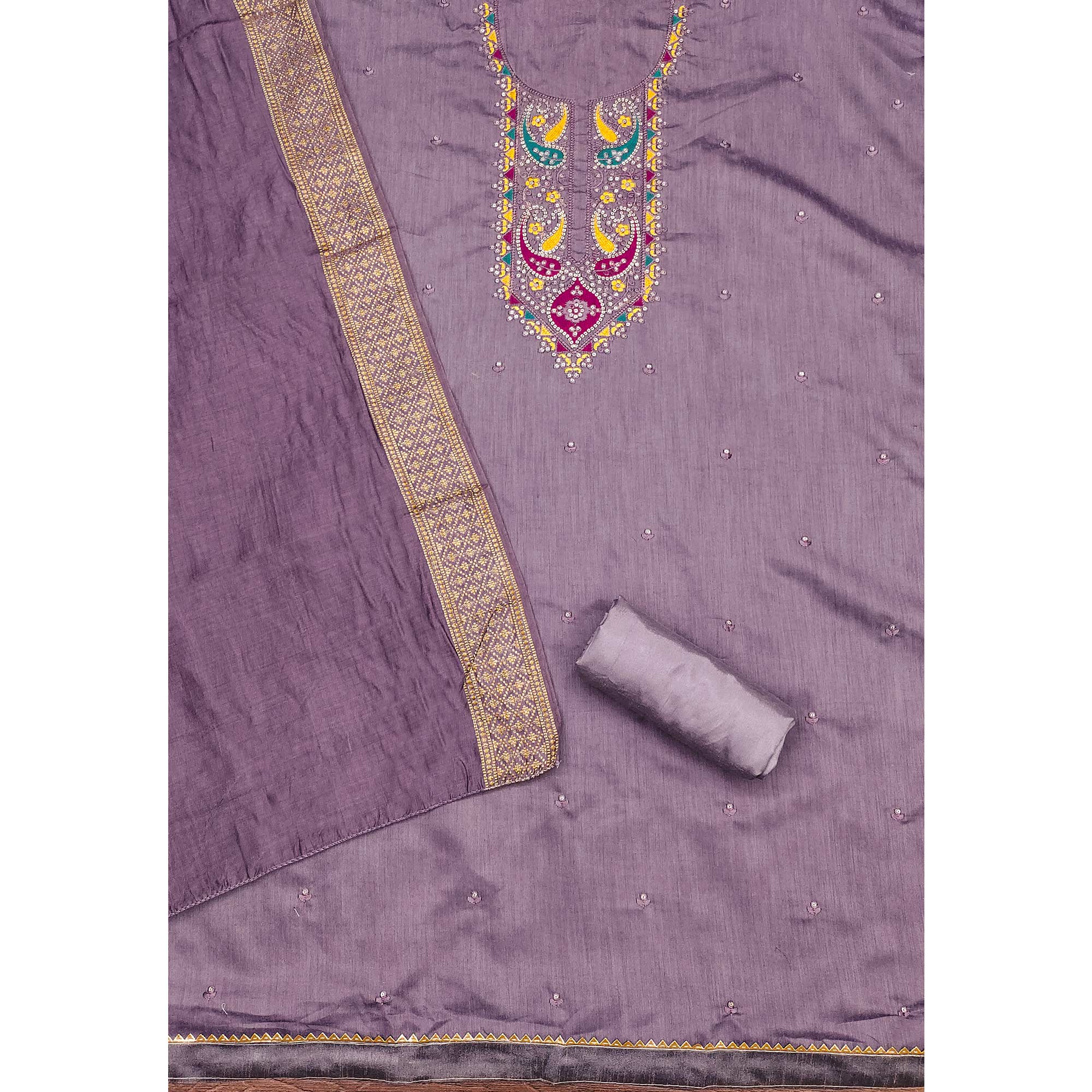 Purple Floral Sequins Embroidered Cotton Silk Dress Material