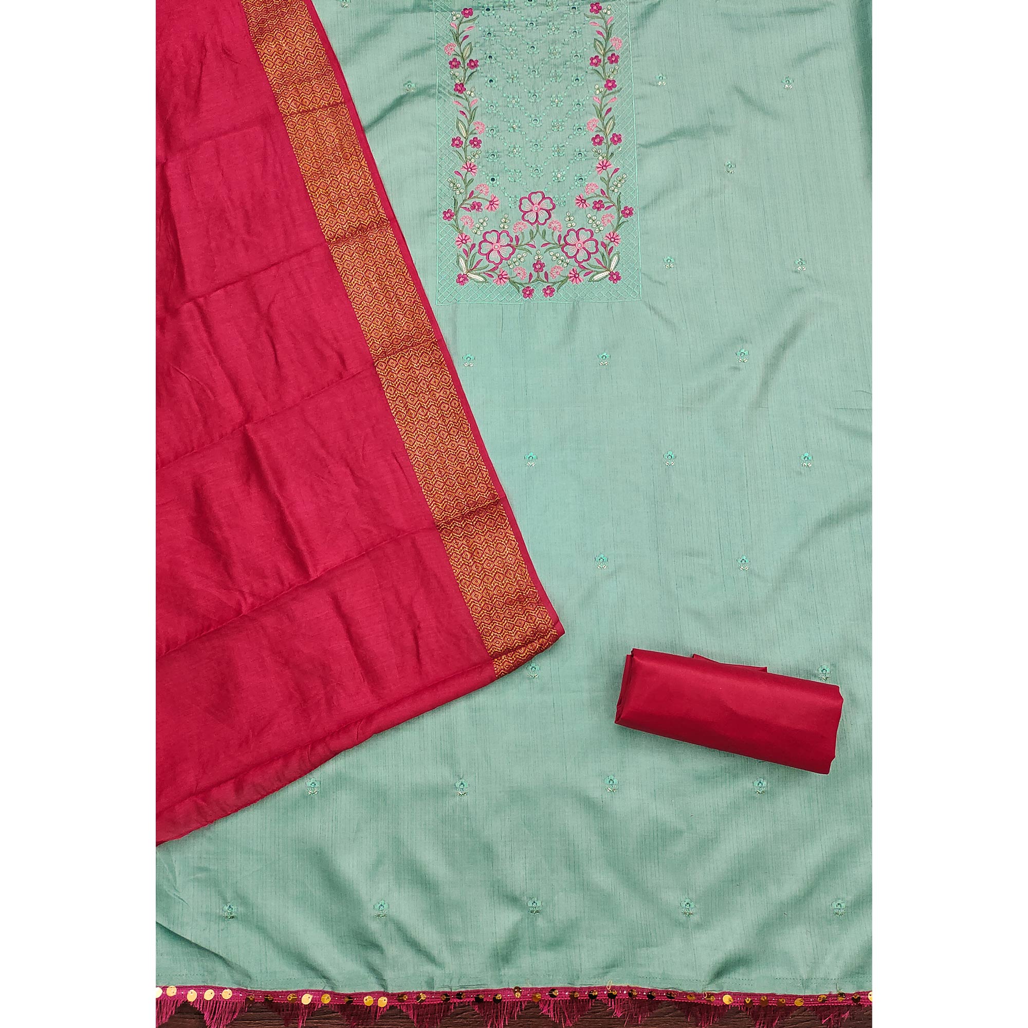 Turquoise Floral Sequins Embroidered Cotton Silk Dress Material