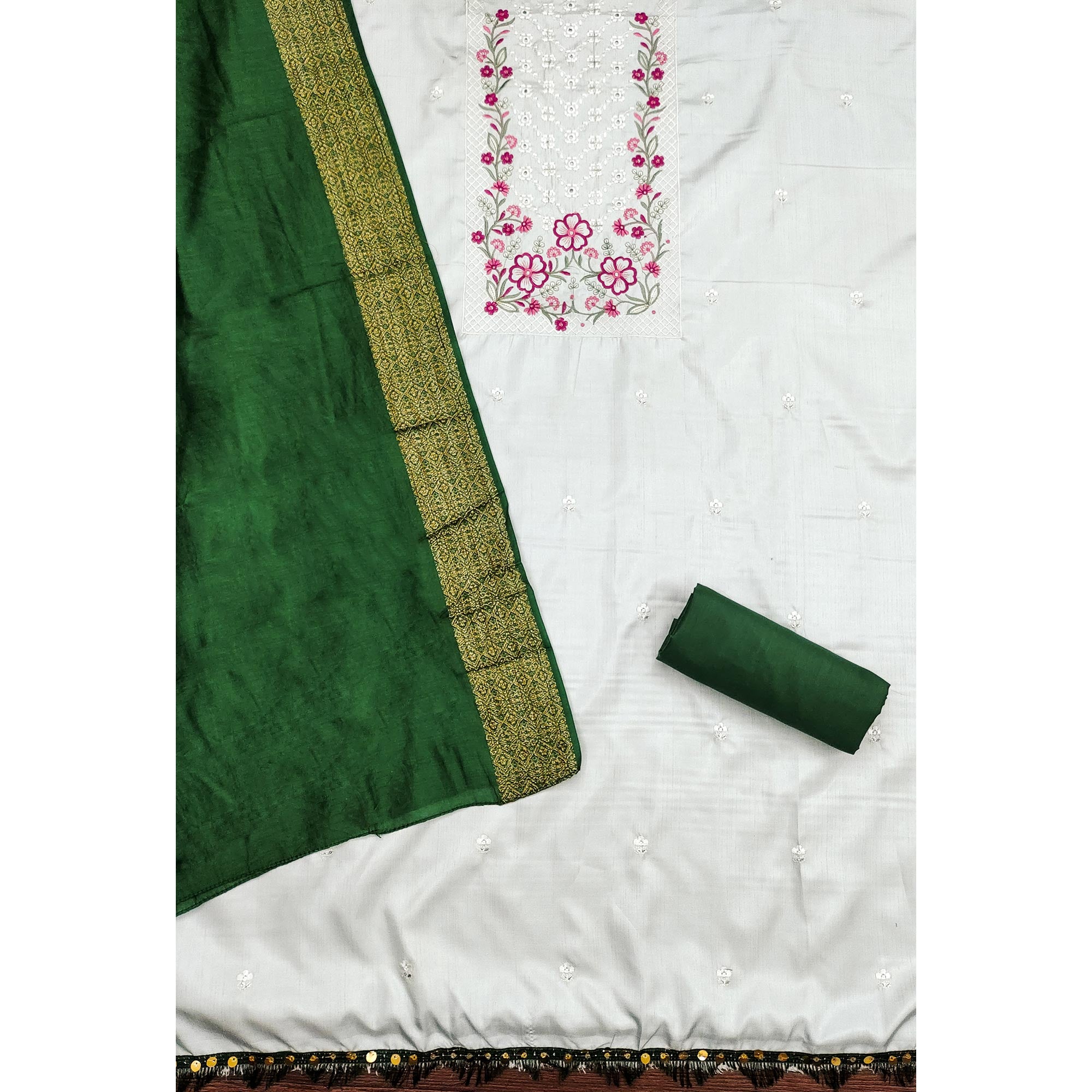 White Floral Sequins Embroidered Cotton Silk Dress Material