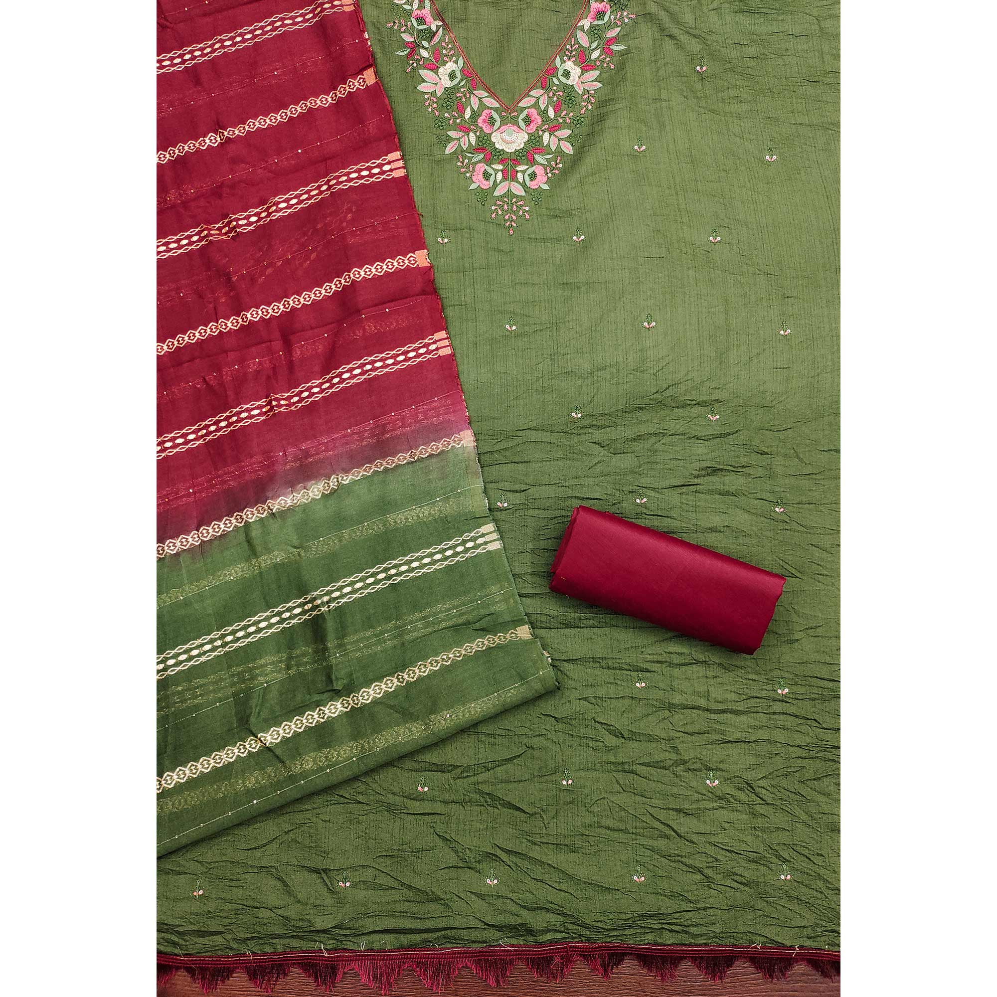 Green Floral Sequins Embroidered Cotton Silk Dress Material