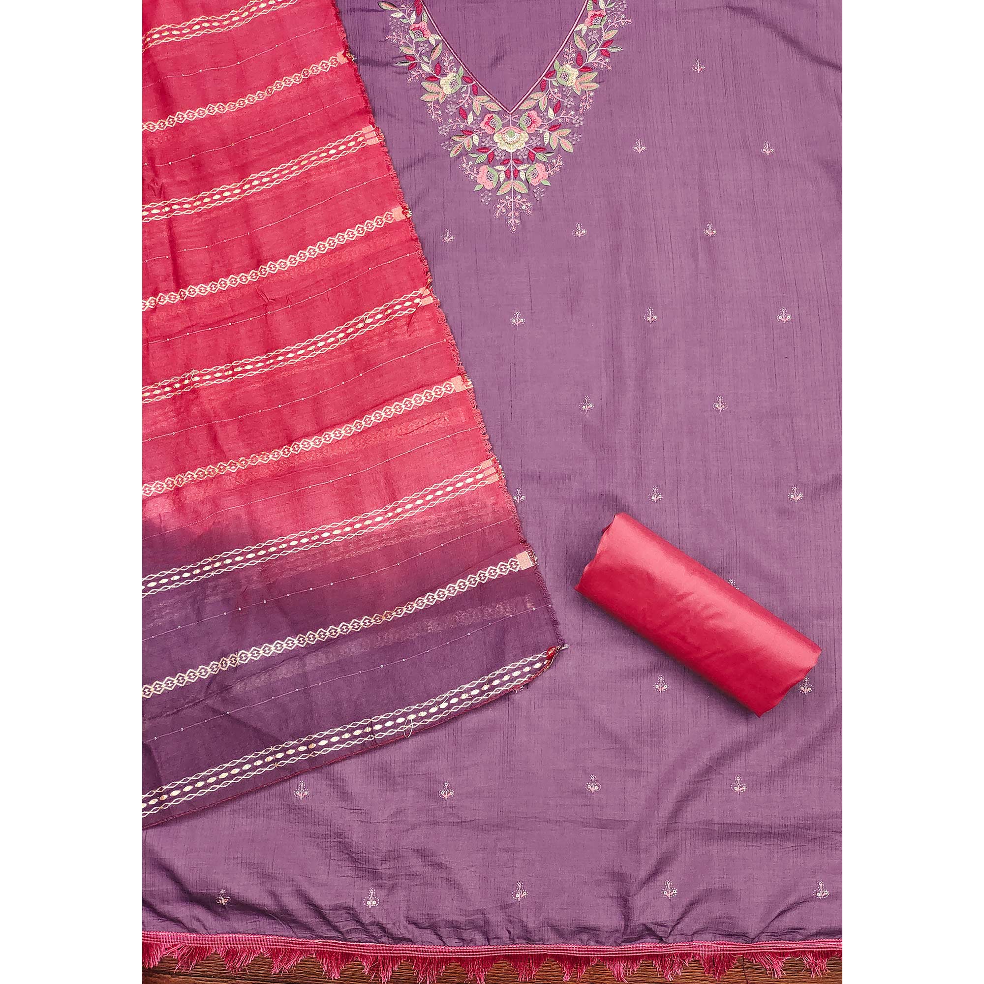 Lavender Floral Sequins Embroidered Cotton Silk Dress Material