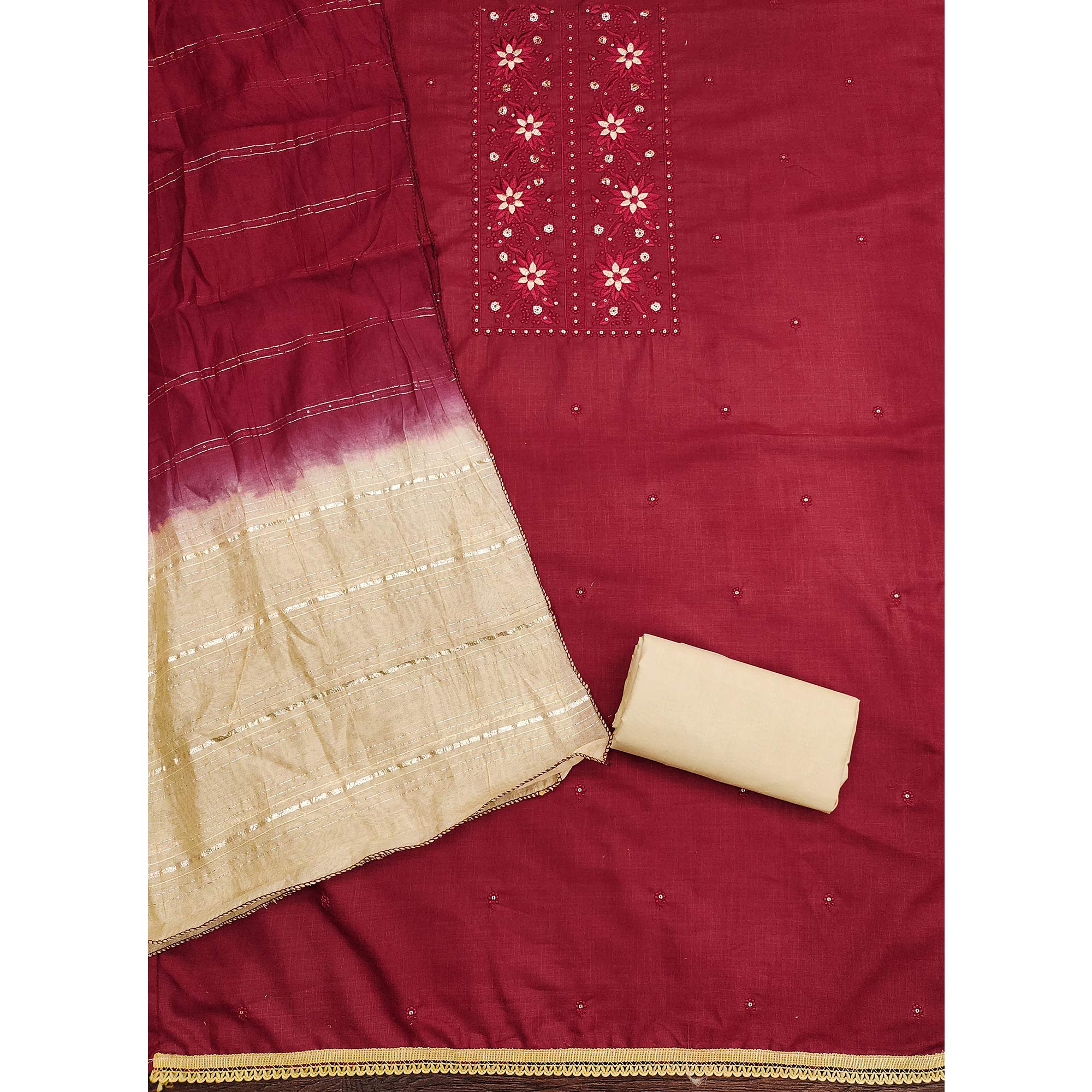 Maroon Floral Sequins Embroidered Slub Cotton Dress Material