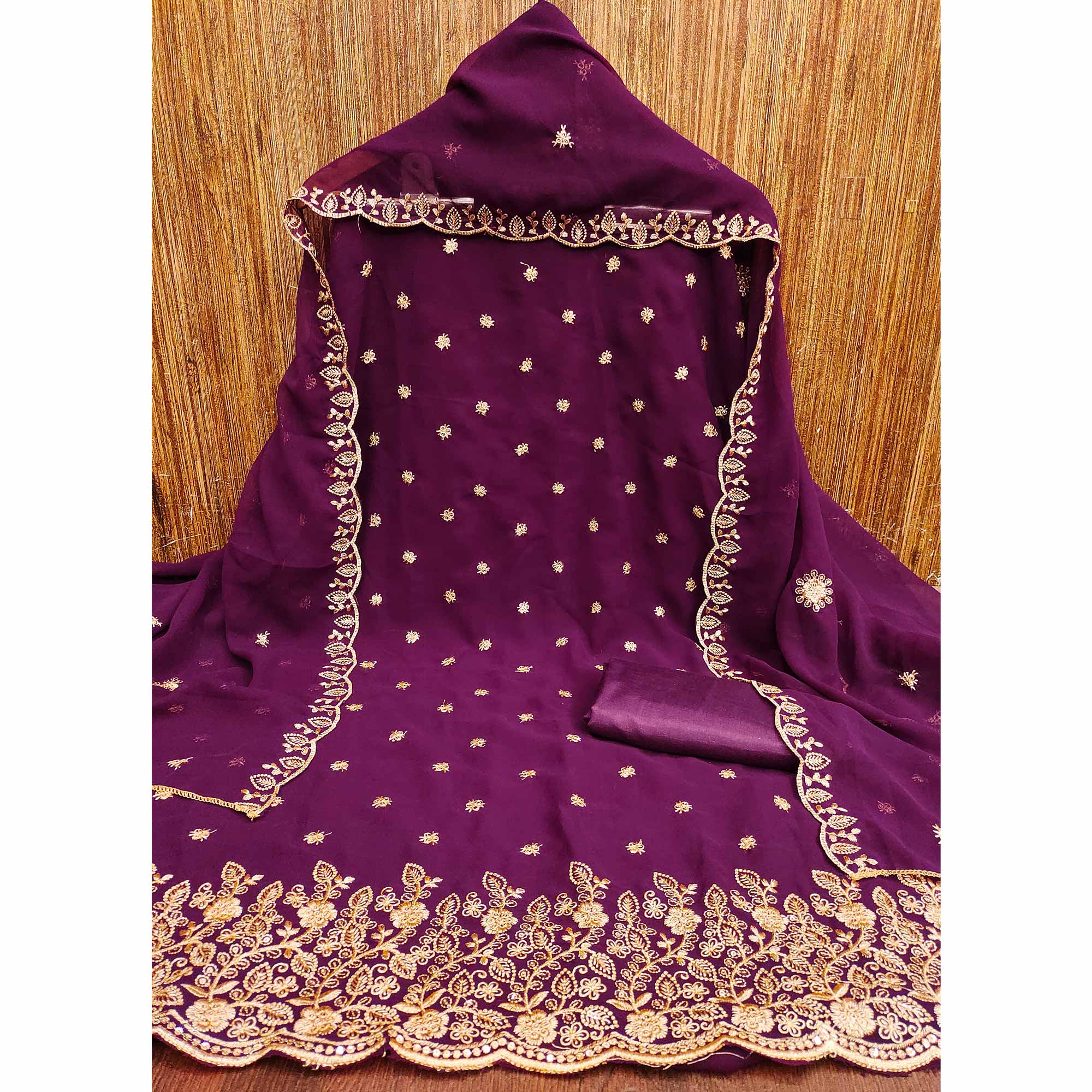 Wine Floral Sequins Embroidered Georgette Dress Material