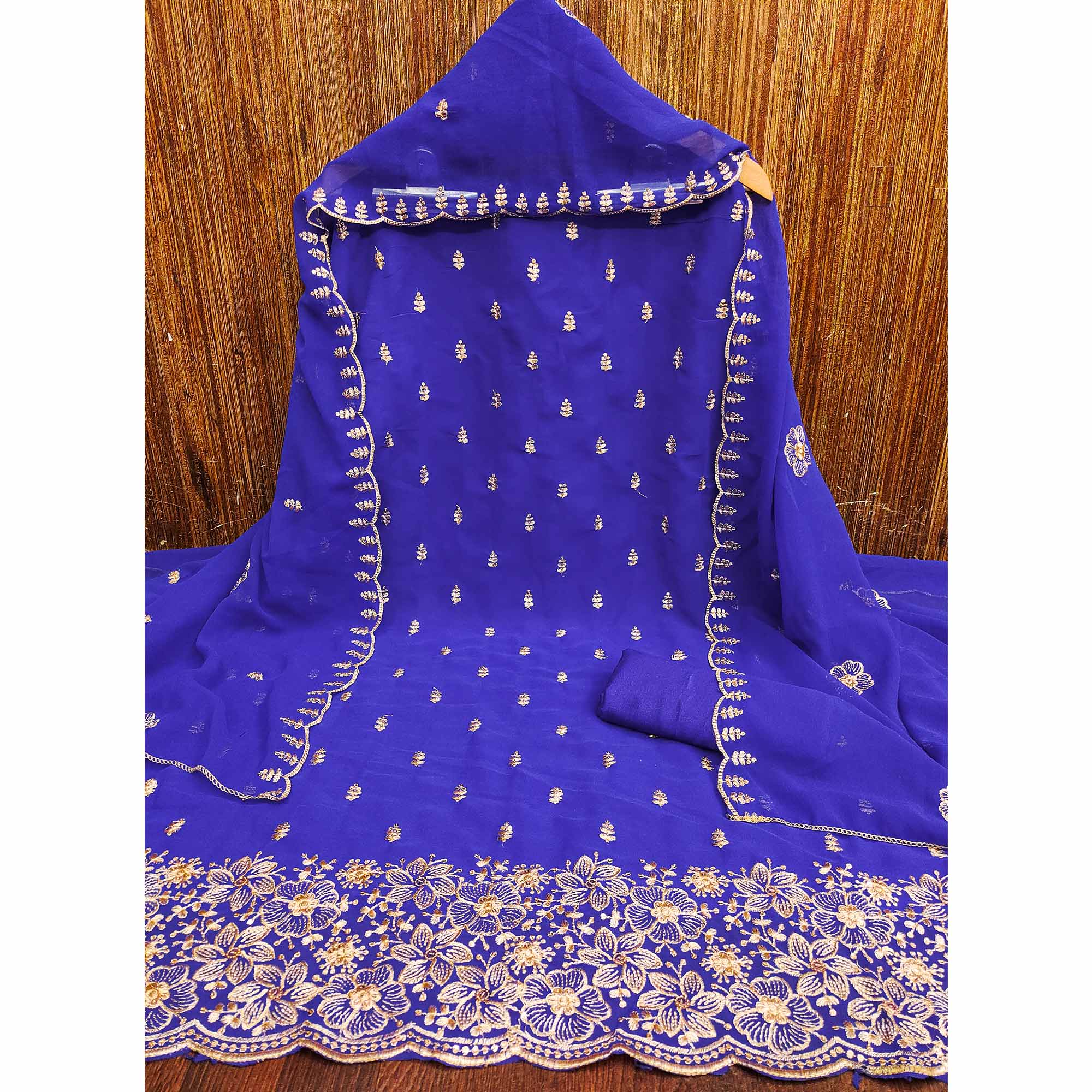 Majorelle Blue Floral Sequins Embroidered Georgette Dress Material