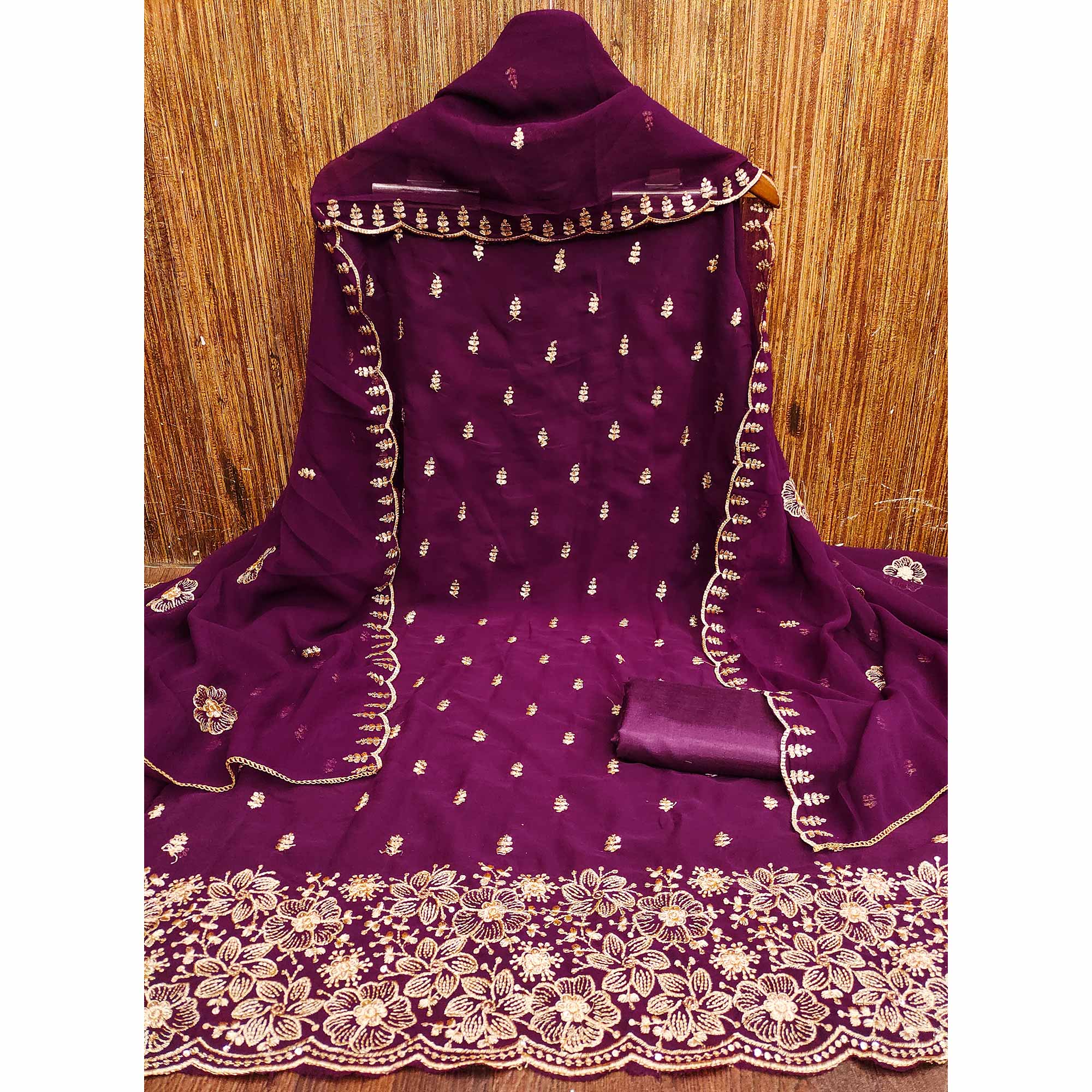 Wine Floral Sequins Embroidered Georgette Dress Material