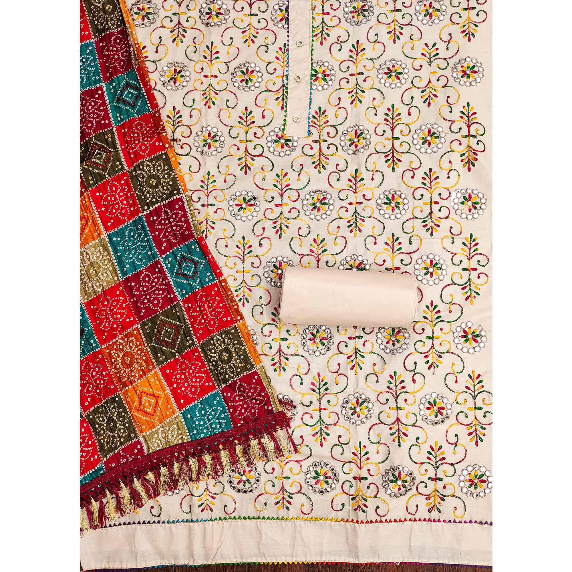 Cream Floral Thread Embroidered Dress Material In Soft Cotton Blend