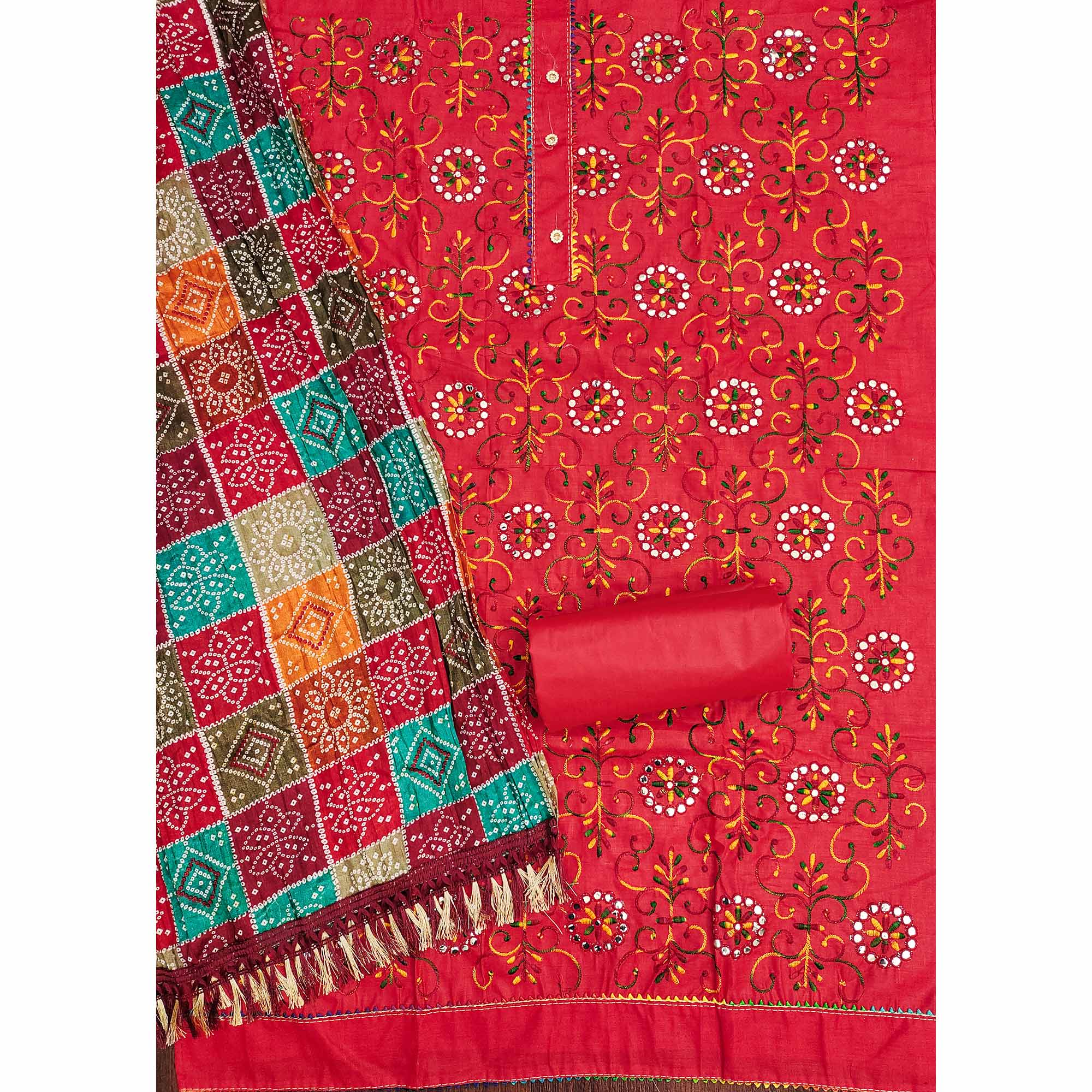Red Floral Thread Embroidered Dress Material In Soft Cotton Blend
