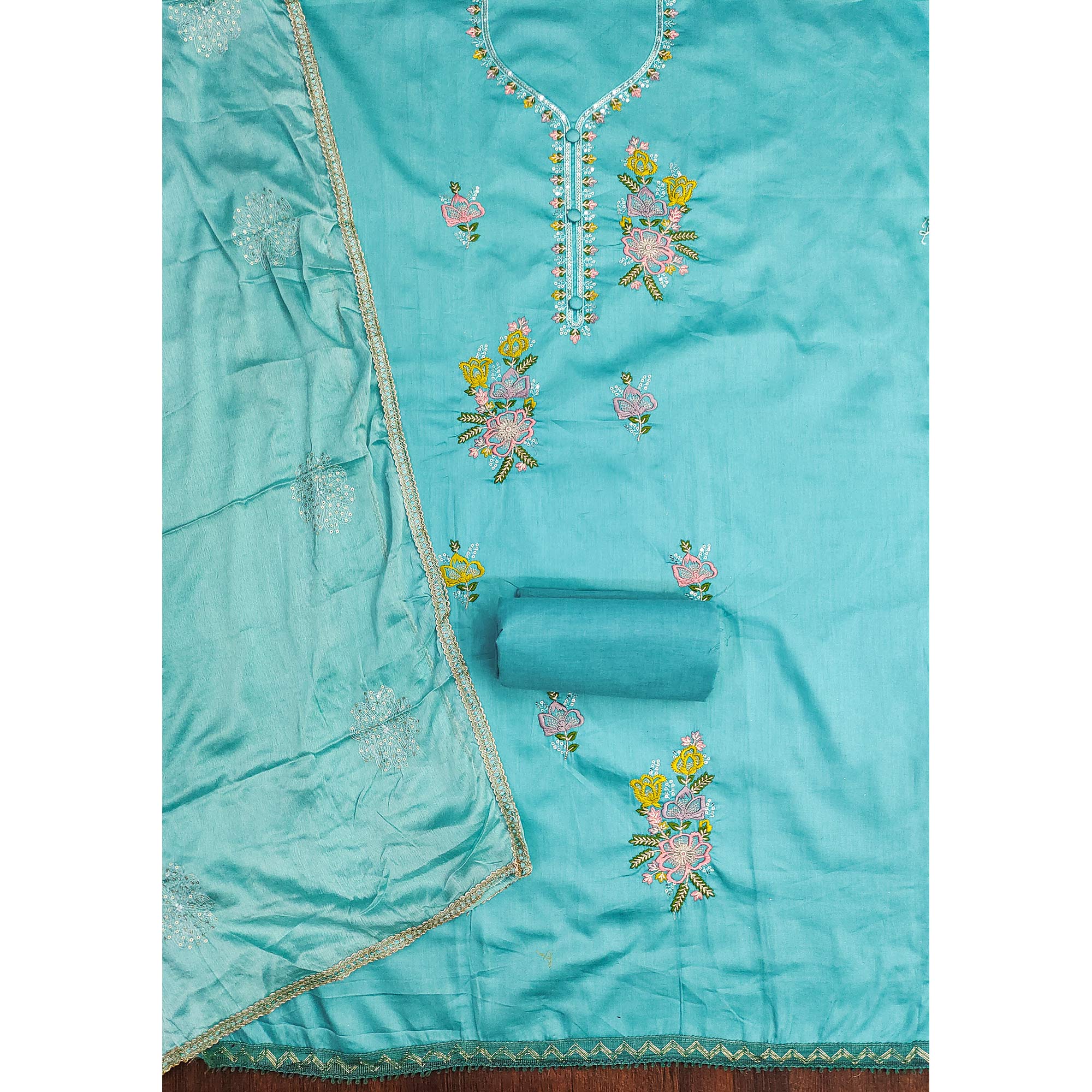 Breathable Pure Cotton Dress Material in Turquoise with Floral Designs