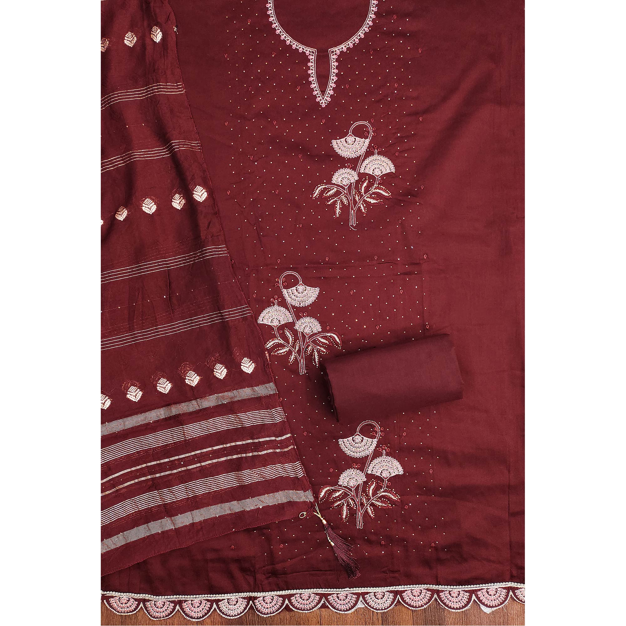 Maroon Dress Material in Cotton Blend with Delicate Embroidery Work