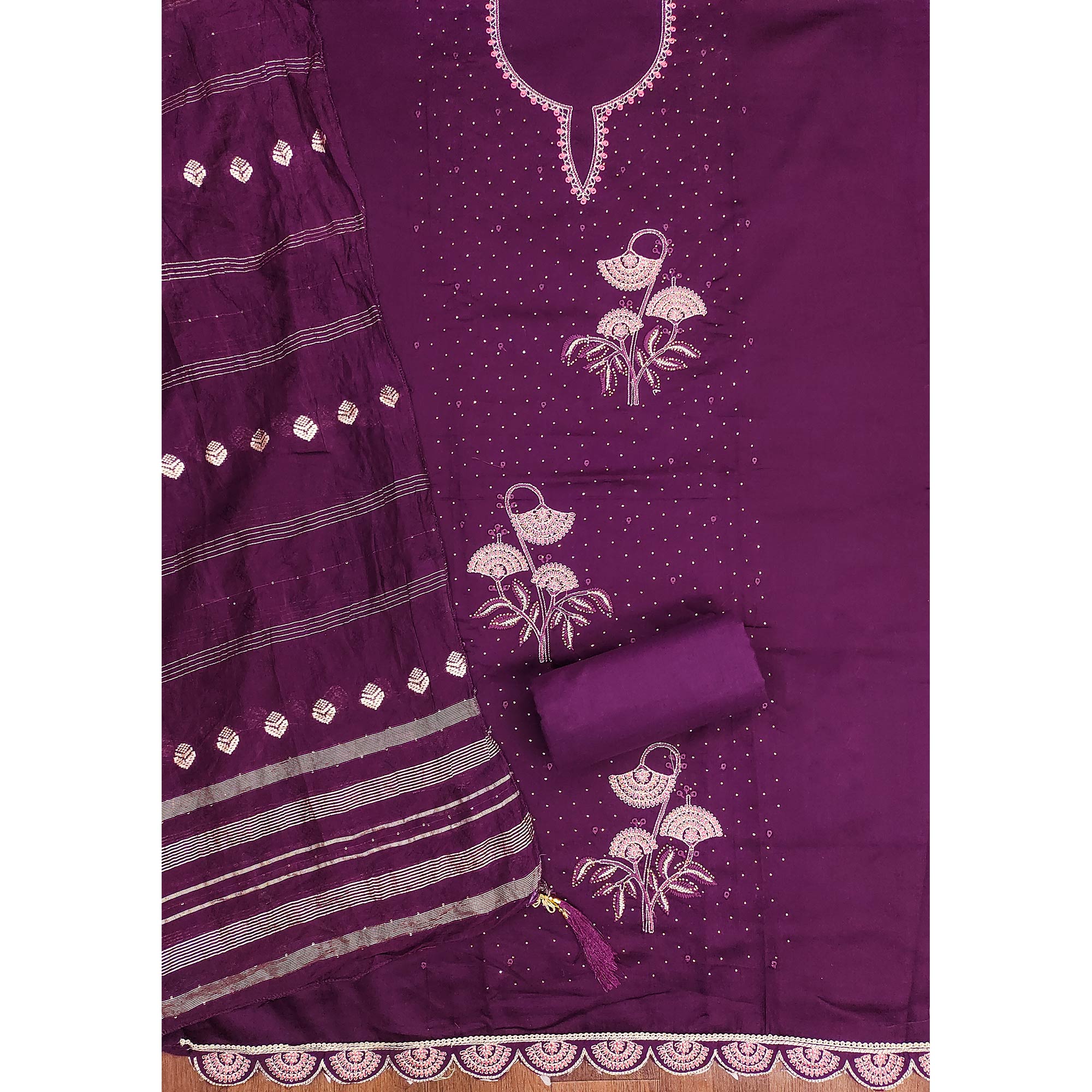 Plum Purple Dress Material in Cotton Blend with Delicate Embroidery Work