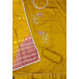 Mustard Suit Material in Cotton Blend with Beautifully Embroidered Floral Patterns