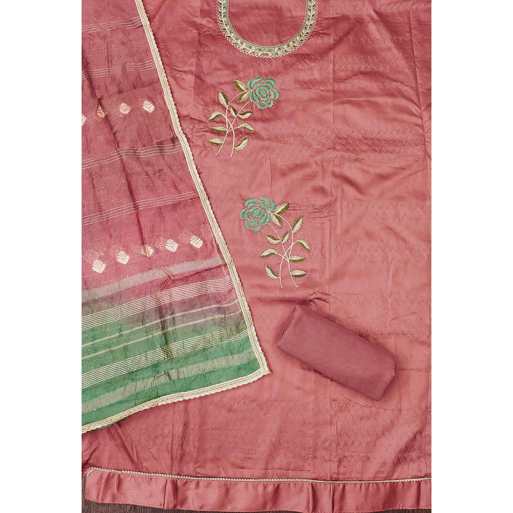 Peach Suit Material in Cotton Blend with Beautifully Embroidered Floral Patterns