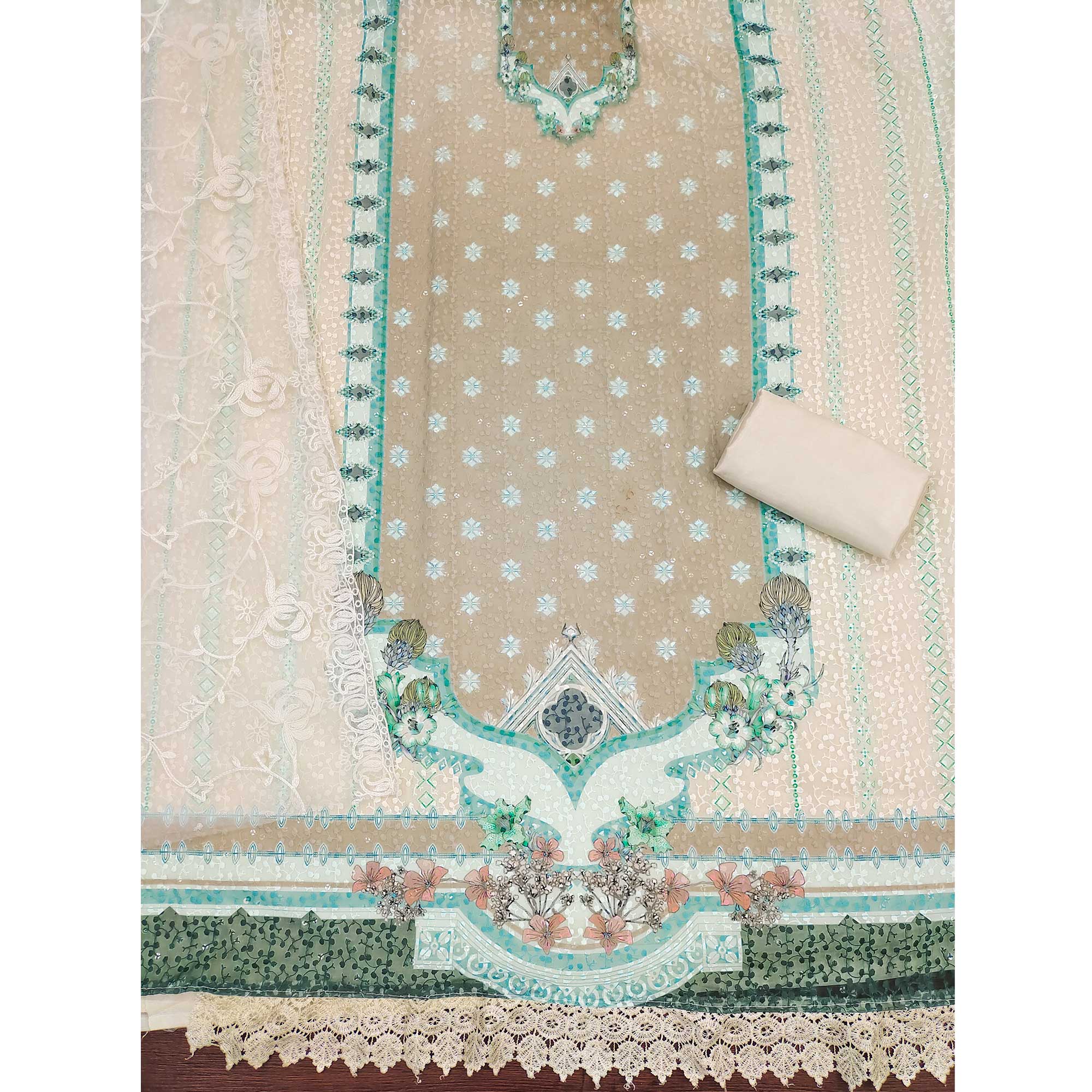 Cream & Beige Georgette Suit Fabric Adorned with Elegant and Delicate Schiffli Embroidery