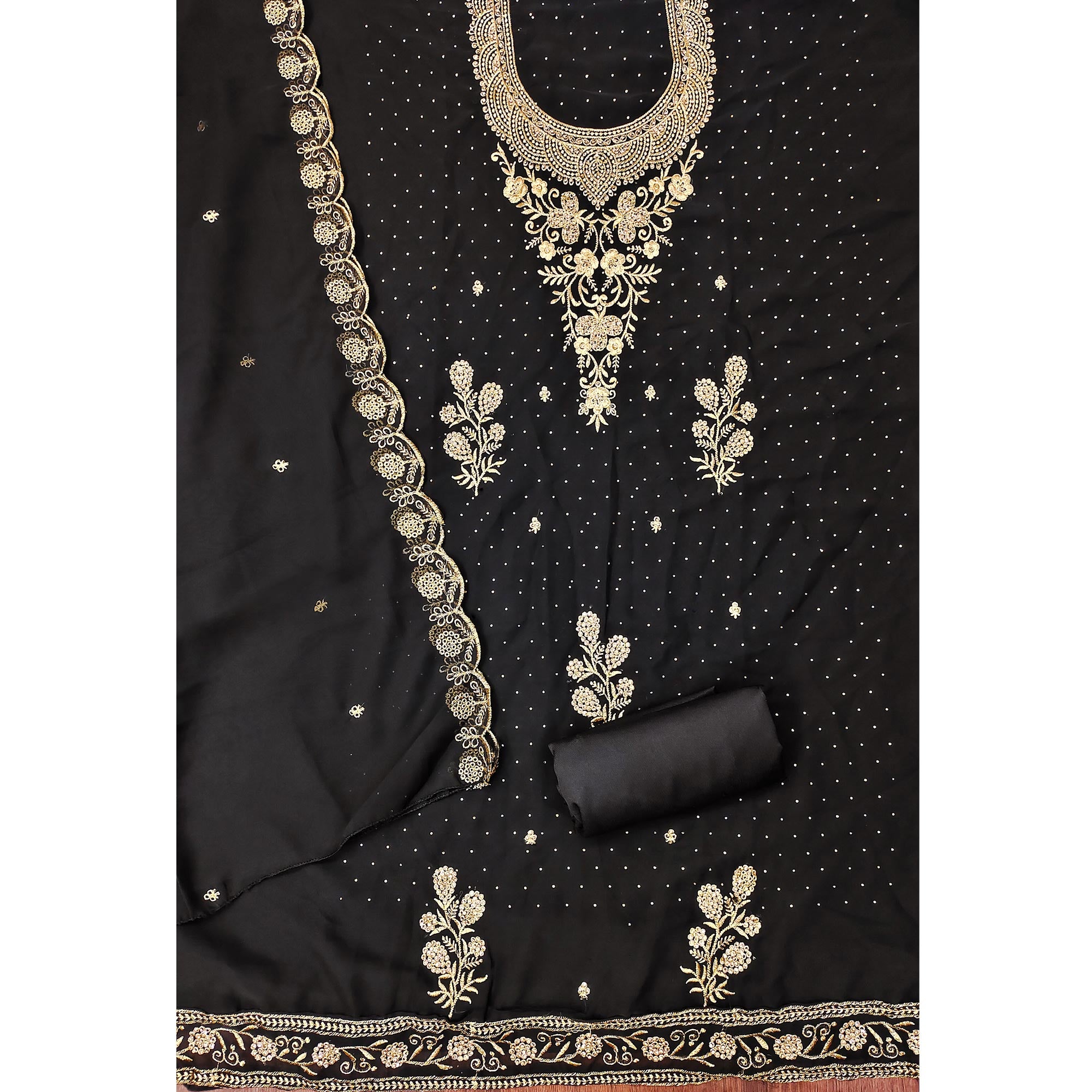Black Georgette Dress Material With Intricate Thread And Stone Work Embroidery