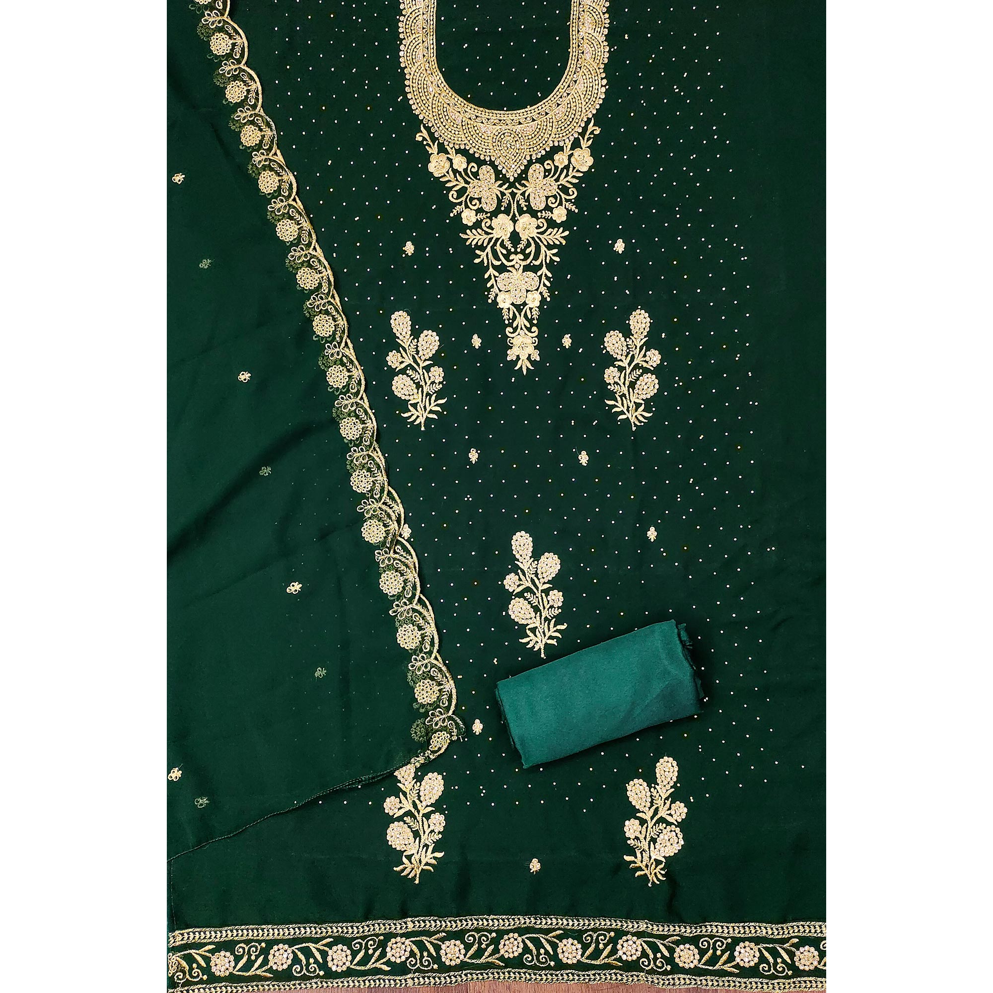 Green Georgette Dress Material With Intricate Thread And Stone Work Embroidery