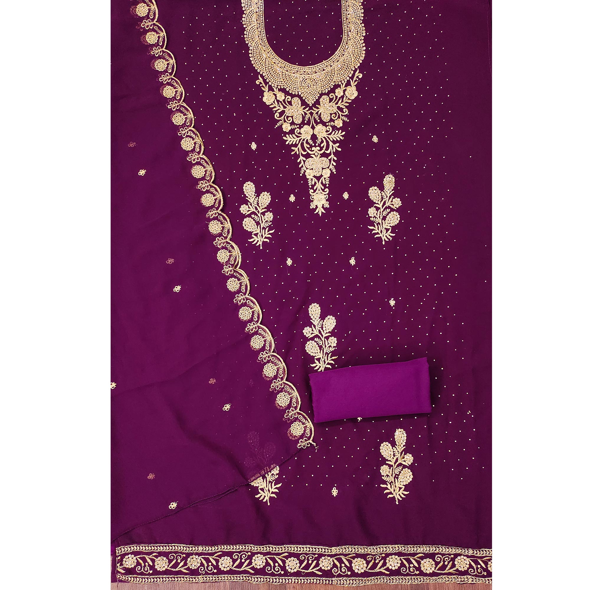 Purple Georgette Dress Material With Intricate Thread And Stone Work Embroidery