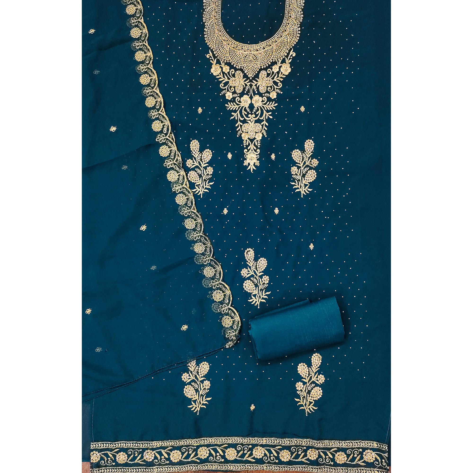 Teal Georgette Dress Material With Intricate Thread And Stone Work Embroidery