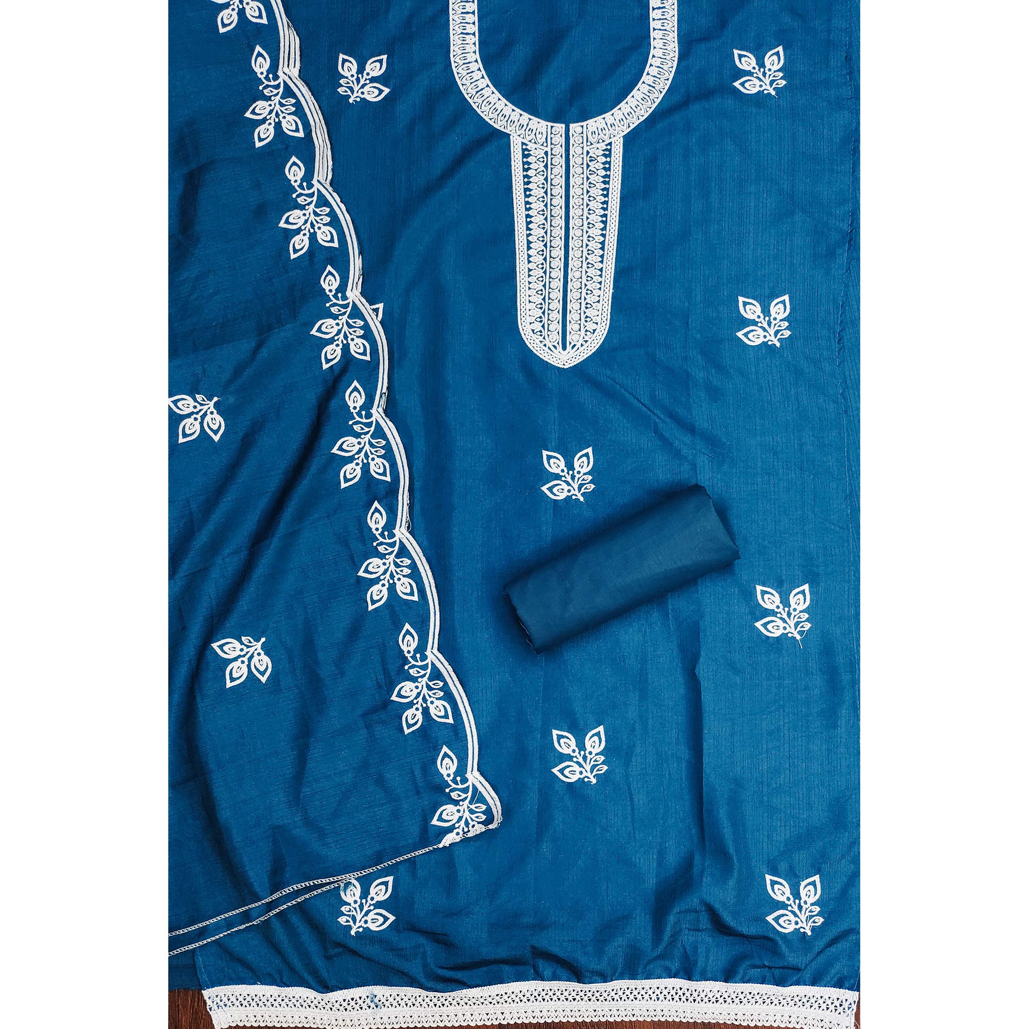 Blue Intricate Floral Embroidered Cotton Blend Dress Material