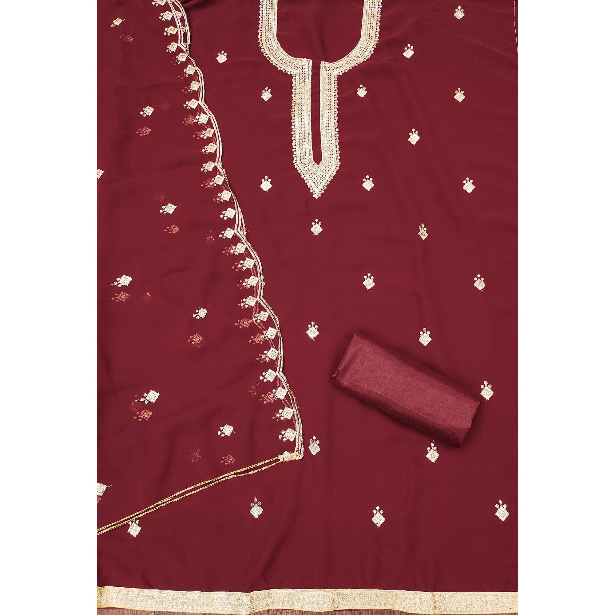 Rich Maroon Georgette Dress Material With Dazzling Sequins Embroidery