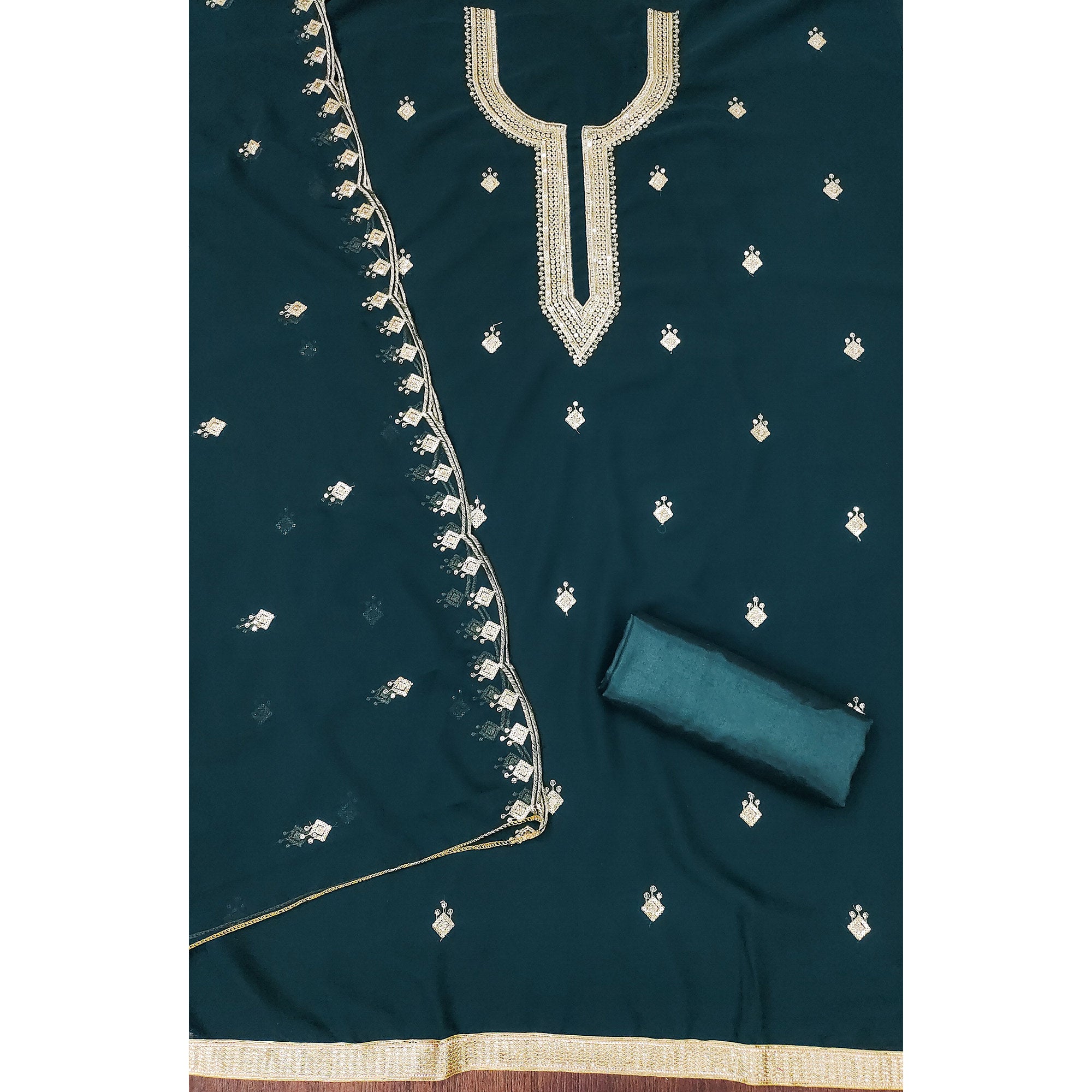 Rich Teal Georgette Dress Material With Dazzling Sequins Embroidery